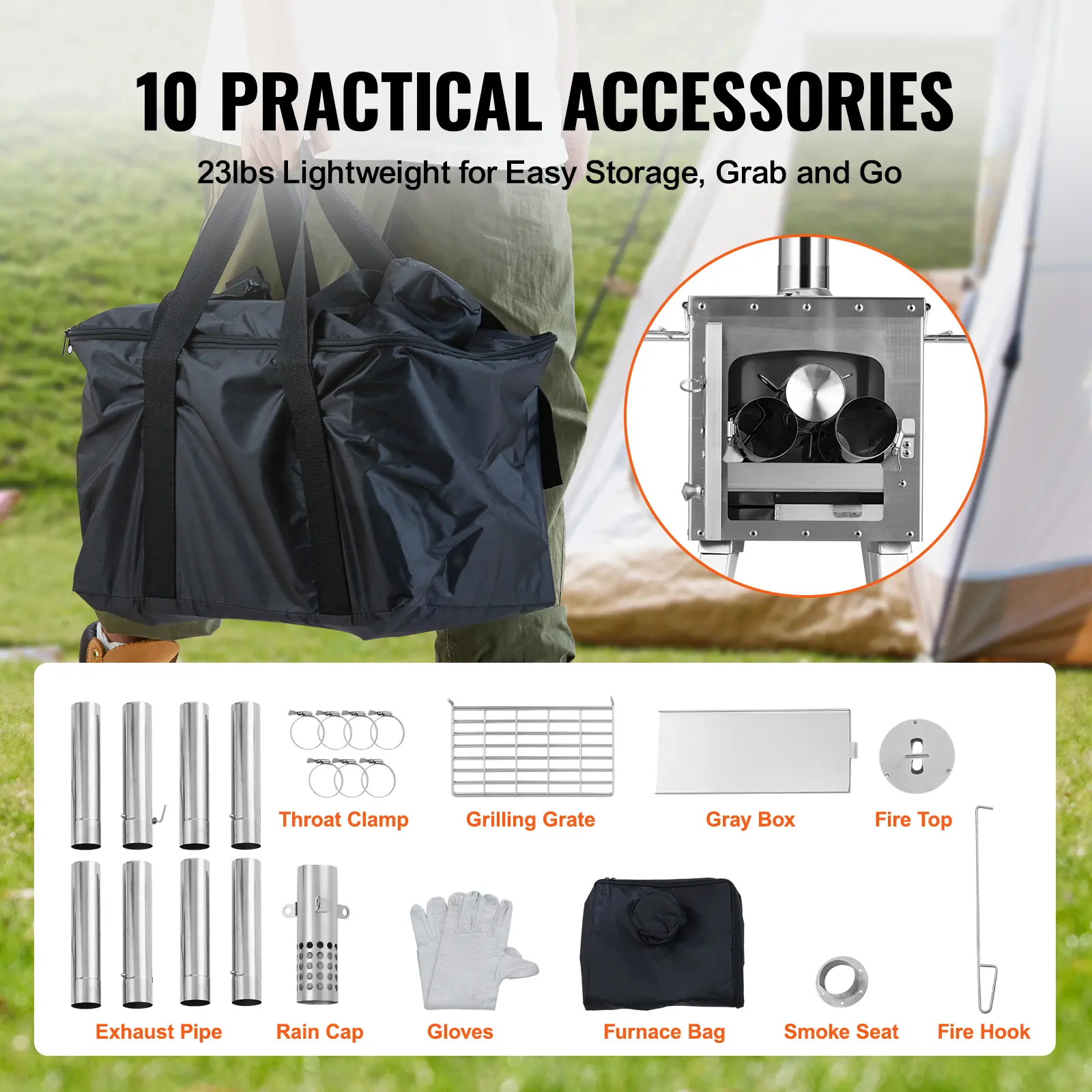 SucceBuy Wood Stove 86in Stainless Steel Camping Tent StovePortable Wood Burning Stove with Chimney Pipes & Gloves3000in³Firebox