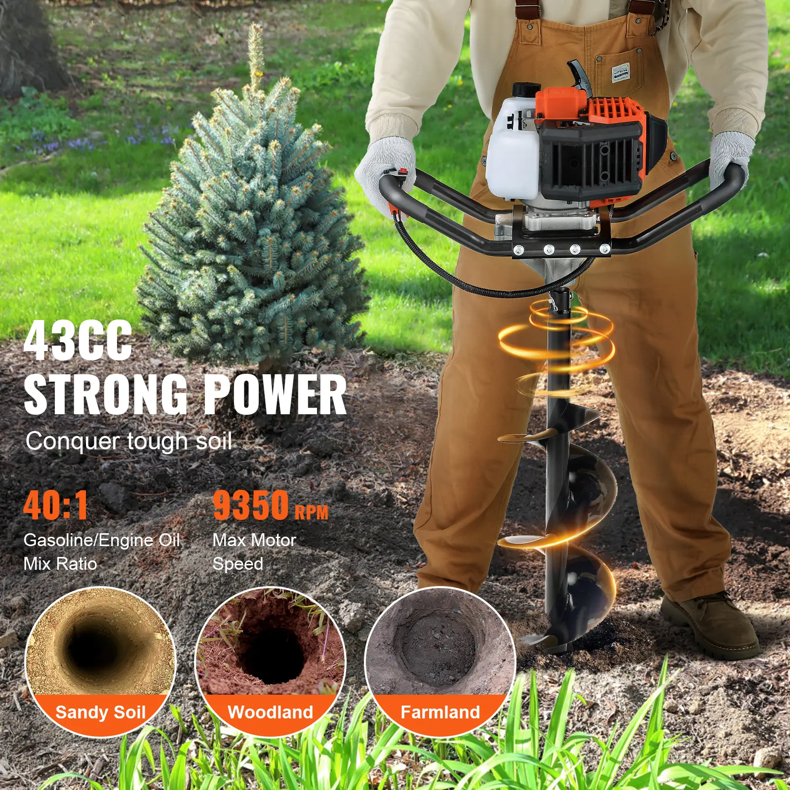 SucceBuy Fuel-powered Auger Post Hole Digger Gas Powered Earth Auger Borer Ground Petrol Earth Auger Post 52cc/43cc Hole Digger