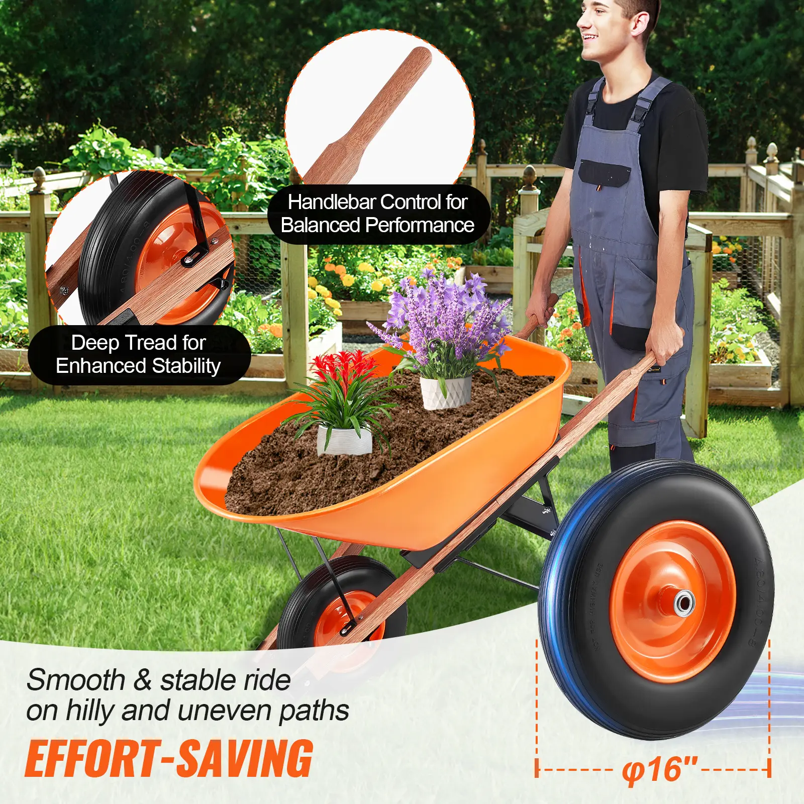 SucceBuy Wheelbarrow Cart 330lbs Capacity One Wheel Garden Dump Cart Wheel Barrow with Handle &  16"  Wide Track Wheels for Farm