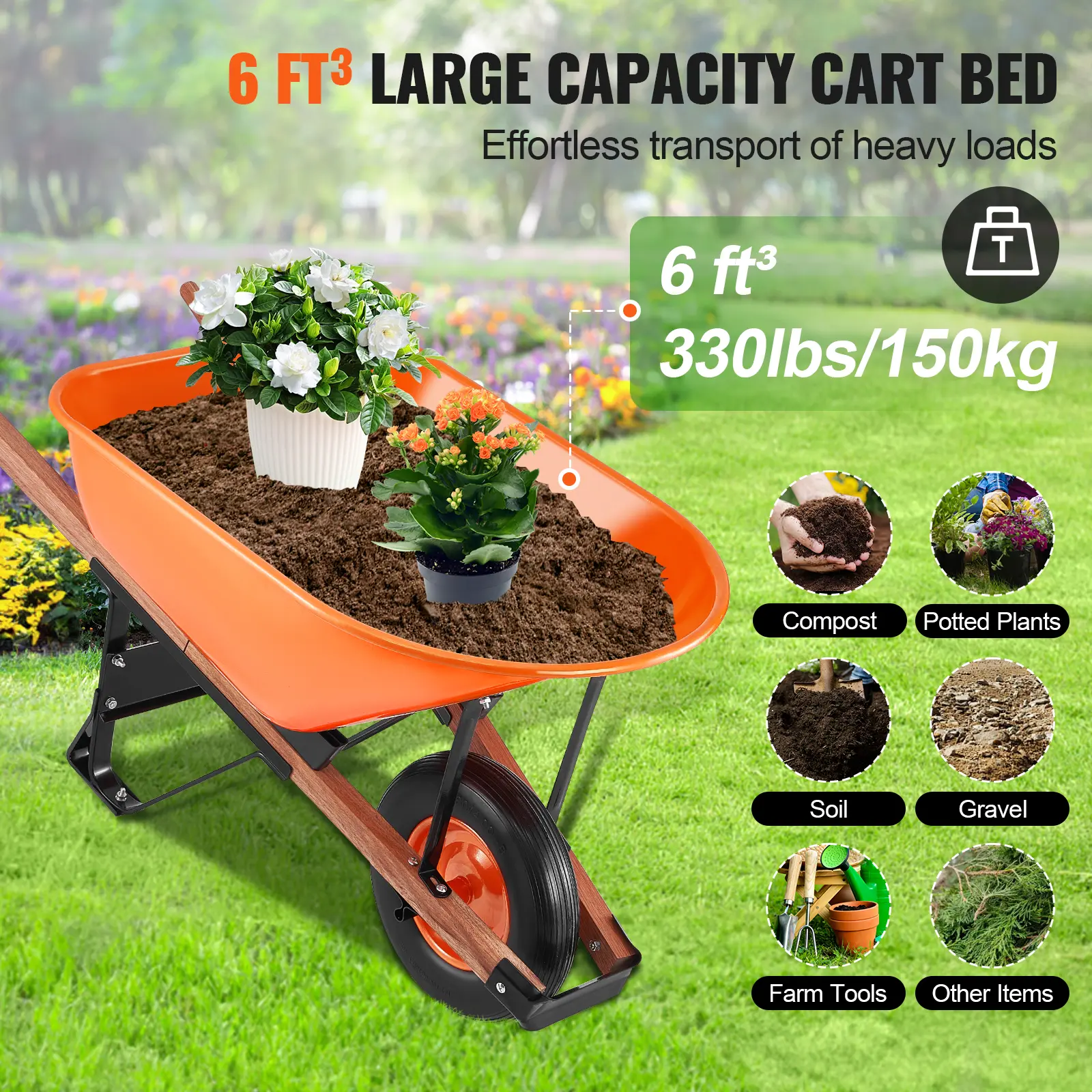 SucceBuy Wheelbarrow Cart 330lbs Capacity One Wheel Garden Dump Cart Wheel Barrow with Handle &  16"  Wide Track Wheels for Farm