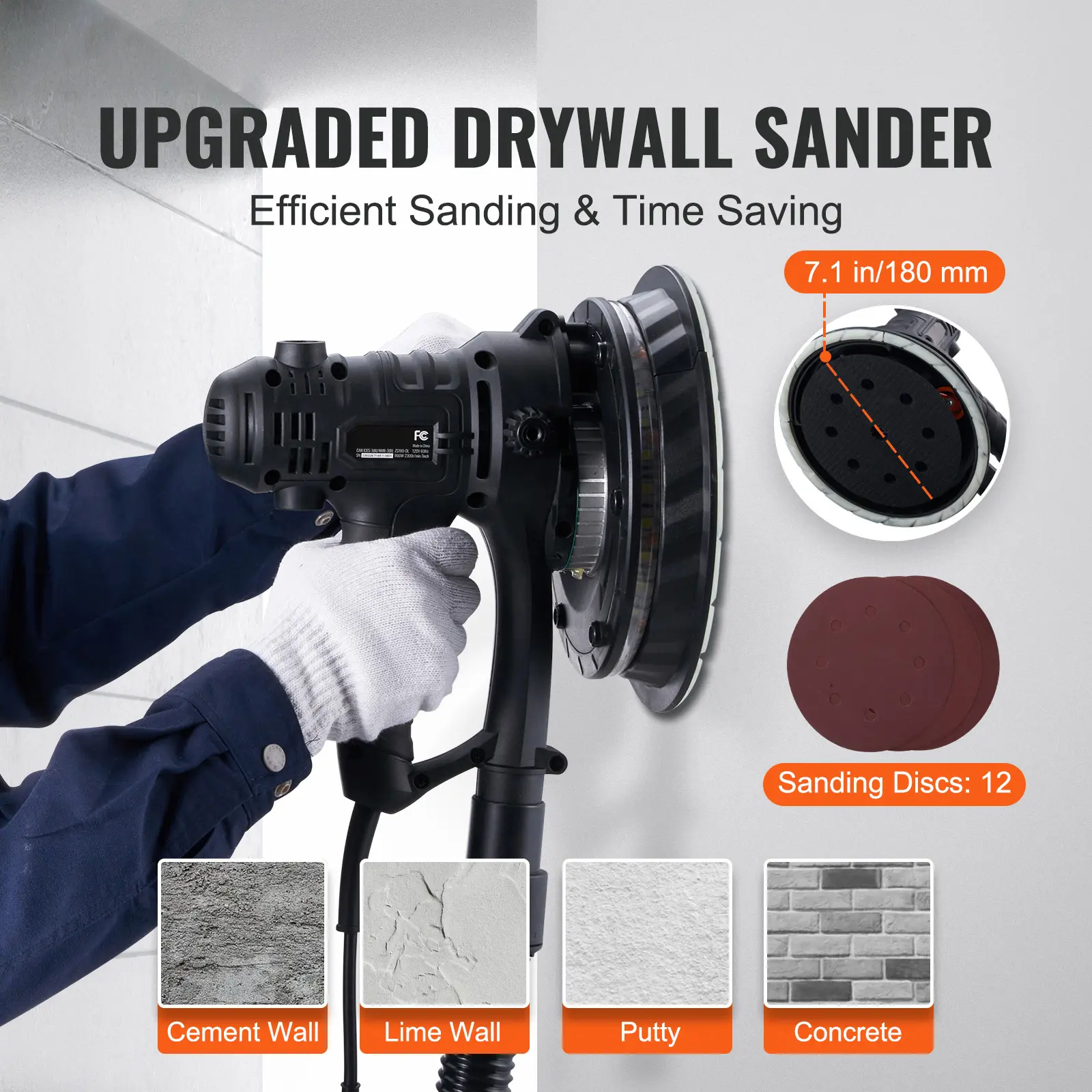 SucceBuy Drywall Sander Variable Speed 1200-2300 RPM Wall Sander with Automatic Vacuum Dust Collection System, Double LED Lights