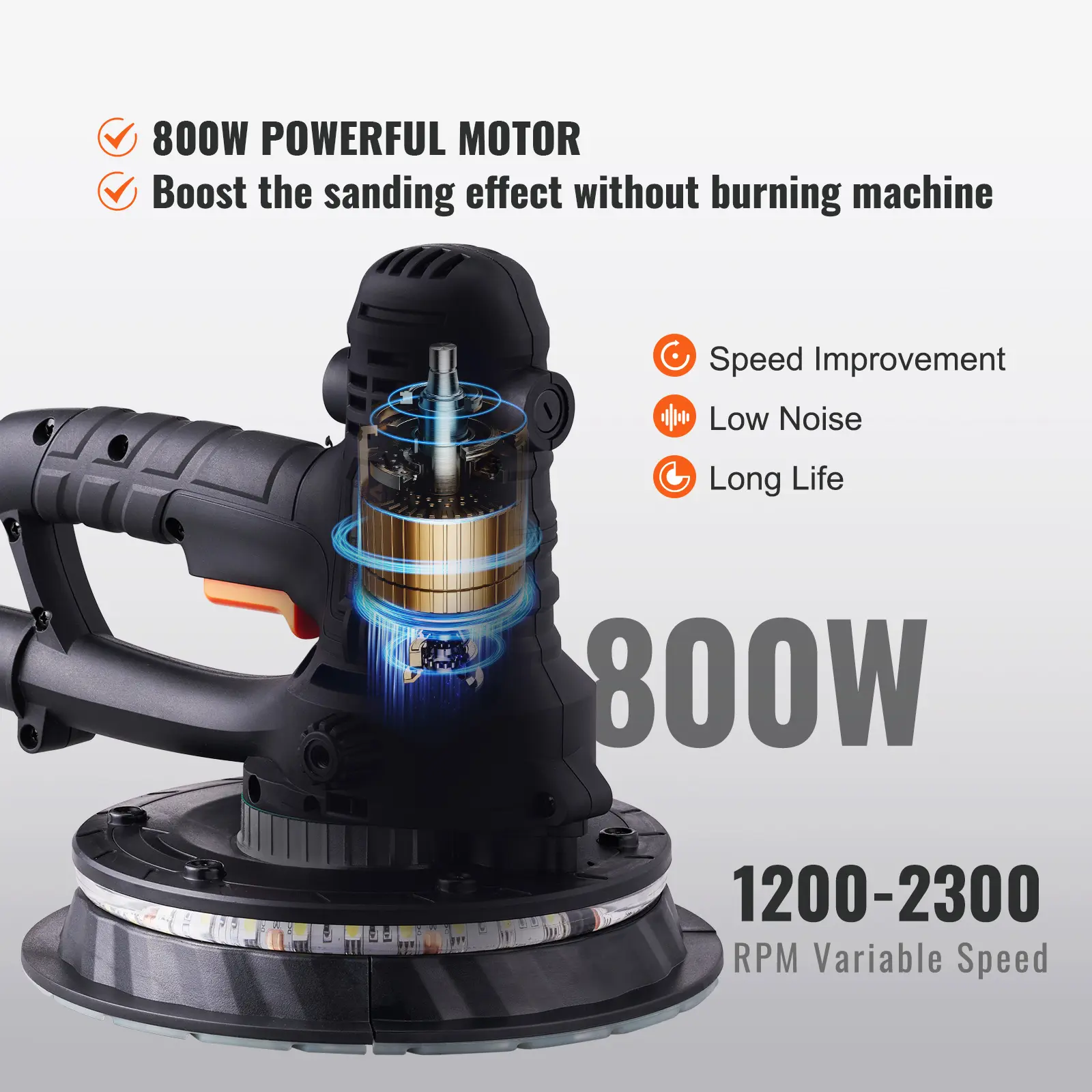 SucceBuy Drywall Sander Variable Speed 1200-2300 RPM Wall Sander with Automatic Vacuum Dust Collection System, Double LED Lights