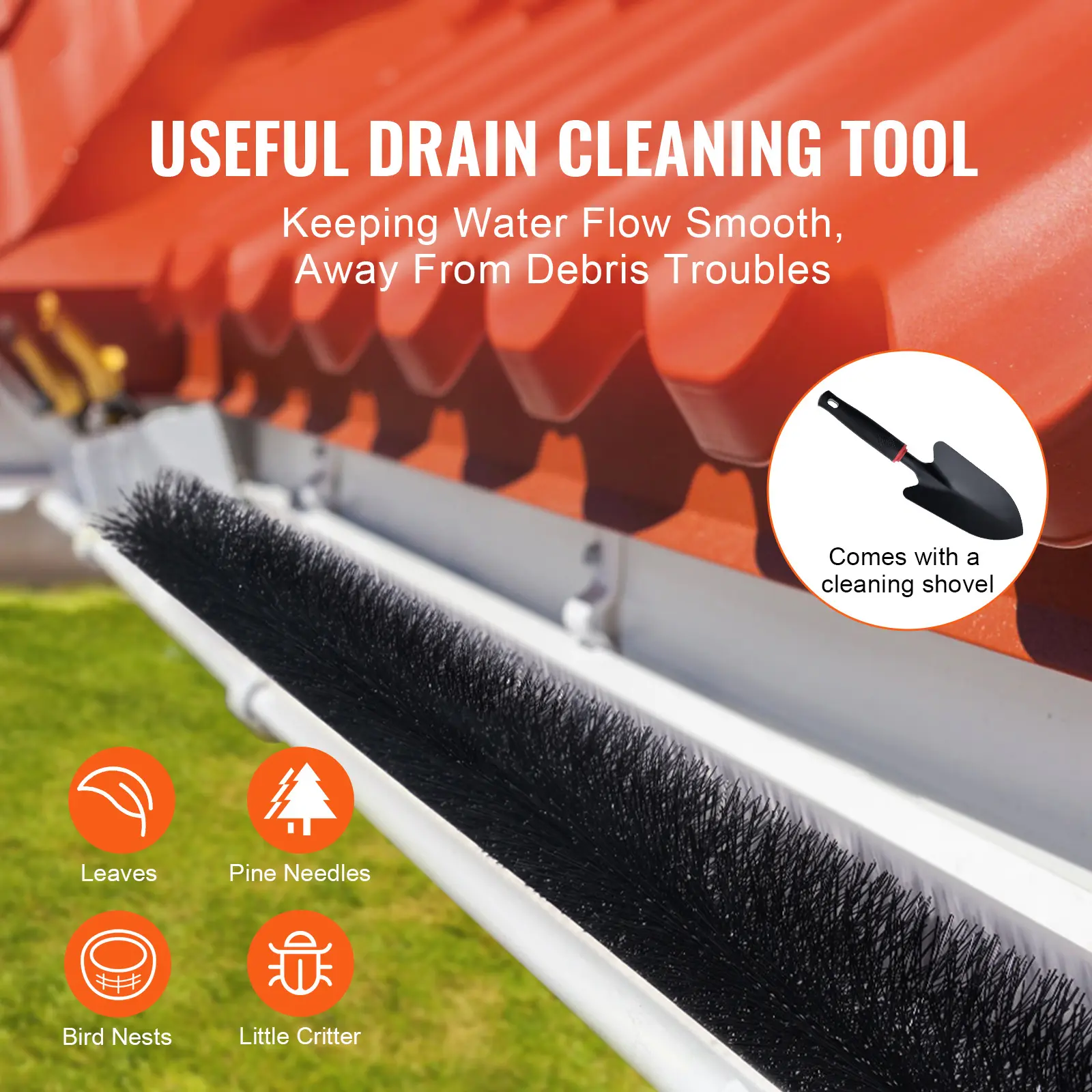 SucceBuy Gutter Brush 30 Ft Total Length 4.33 in Diameter Gutter Cleaning Tools Ground-Level Gutter Brush Leaf Guard for Gutters