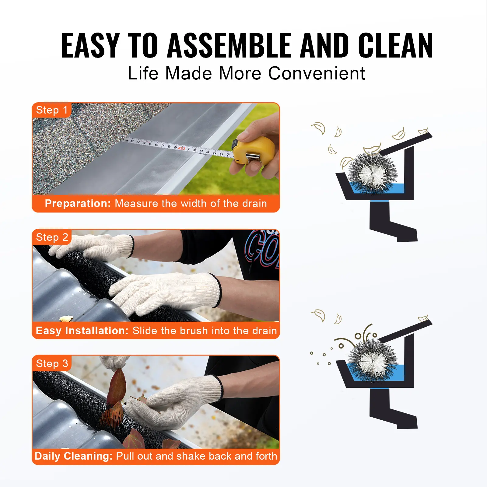 SucceBuy Gutter Brush 30 Ft Total Length 4.33 in Diameter Gutter Cleaning Tools Ground-Level Gutter Brush Leaf Guard for Gutters