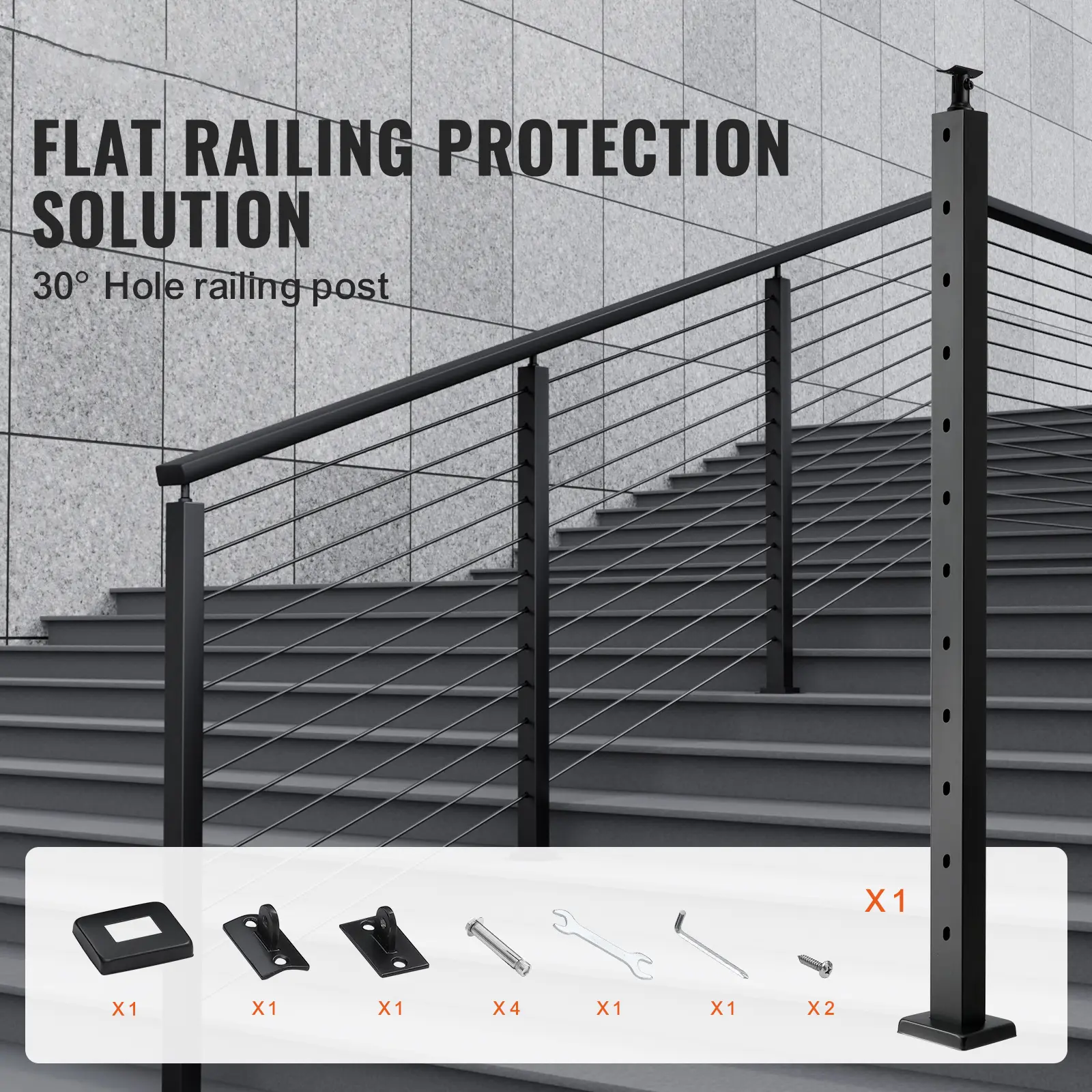 SucceBuy Cable Railing Post Pre-Drilled Holes SUS304 Stainless Steel Cable Rail Post with Horizontal /curved Bracket Black
