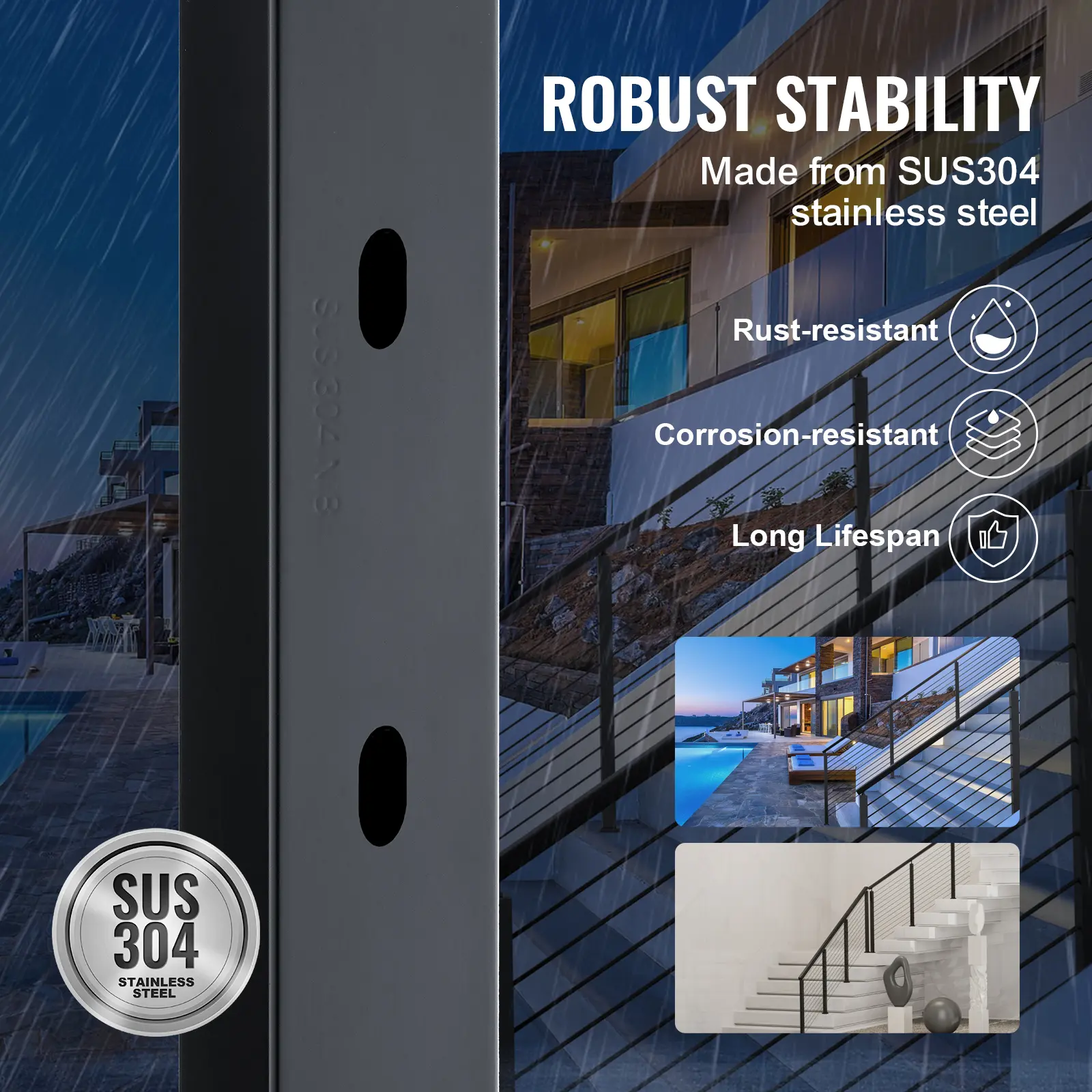 SucceBuy Cable Railing Post Pre-Drilled Holes SUS304 Stainless Steel Cable Rail Post with Horizontal /curved Bracket Black