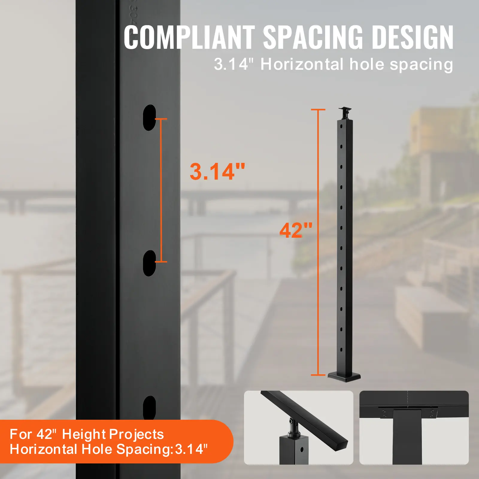 SucceBuy Cable Railing Post Pre-Drilled Holes SUS304 Stainless Steel Cable Rail Post with Horizontal /curved Bracket Black