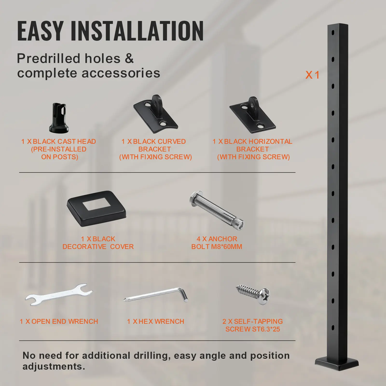 SucceBuy Cable Railing Post Pre-Drilled Holes SUS304 Stainless Steel Cable Rail Post with Horizontal /curved Bracket Black