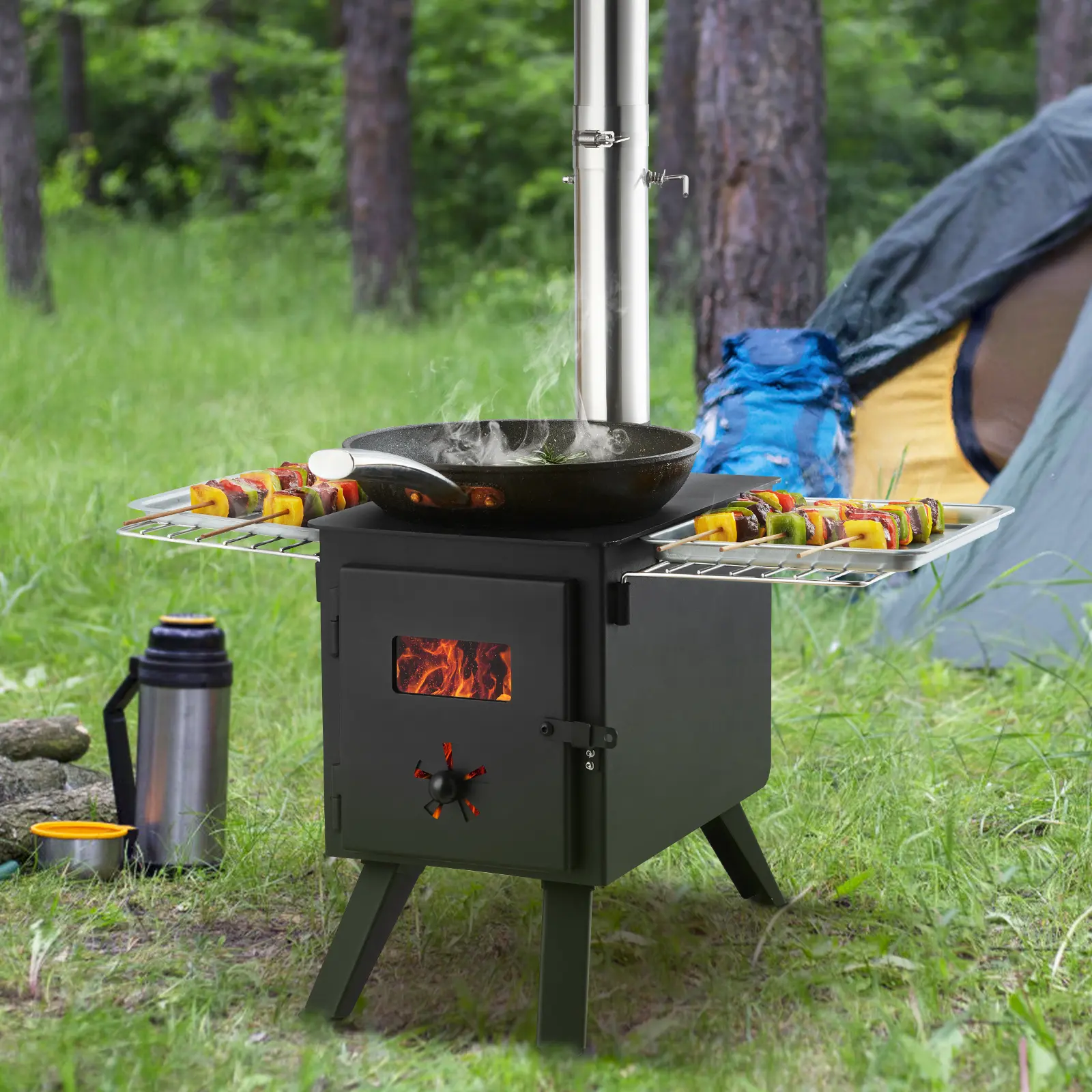 SucceBuy Wood Stove 86in Alloy Steel Camping Tent Stove Portable Wood Burning Stove with Chimney Pipes & Gloves 1400in³Firebox