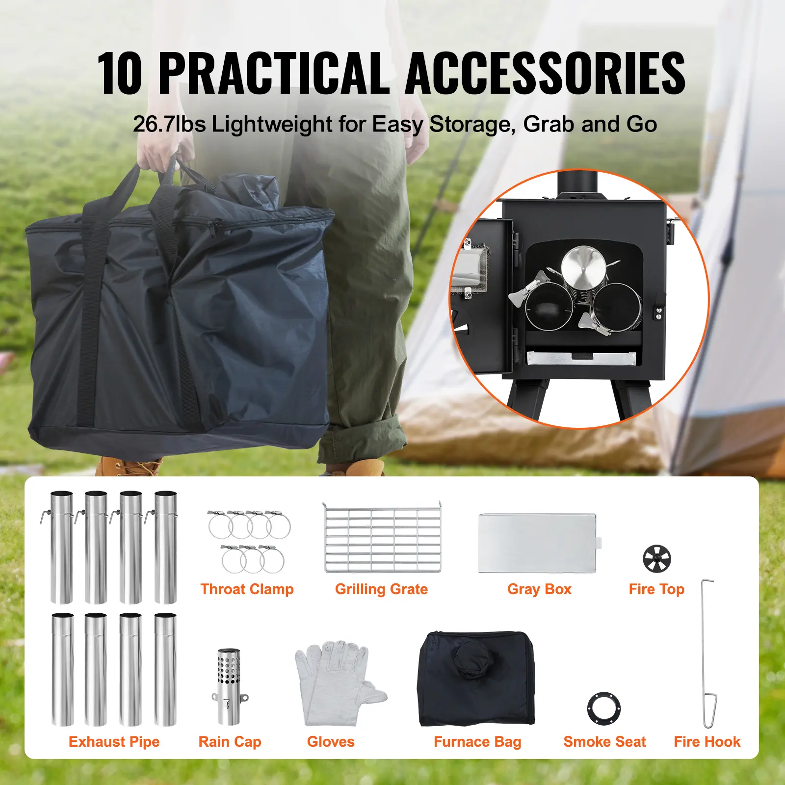SucceBuy Wood Stove 86in Alloy Steel Camping Tent Stove Portable Wood Burning Stove with Chimney Pipes & Gloves 1400in³Firebox