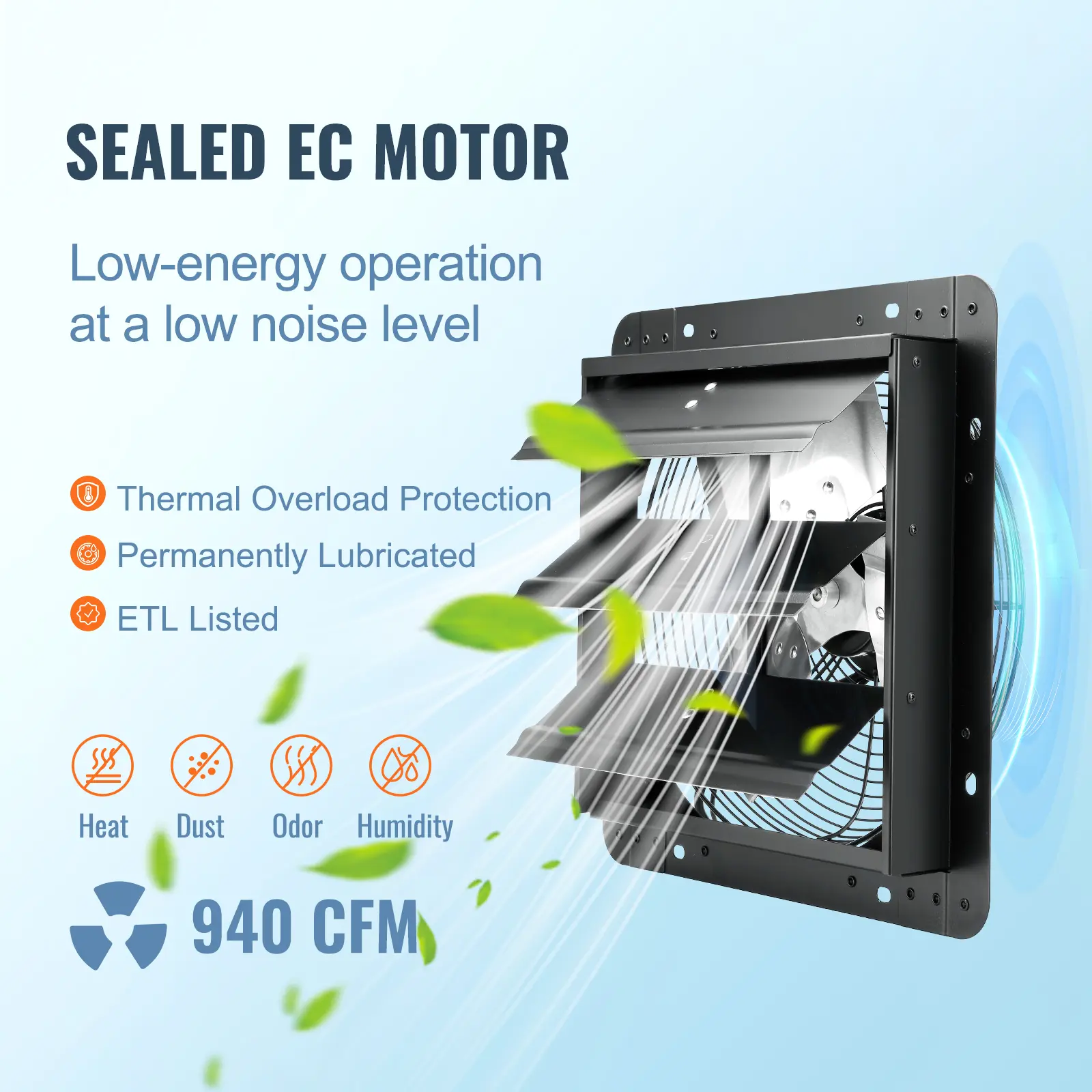 SucceBuy Shutter Exhaust Fan 12'' with Temperature Humidity Controller EC/AC-motor 940 CFM 10-Speed Adjustable Wall Mount Attic