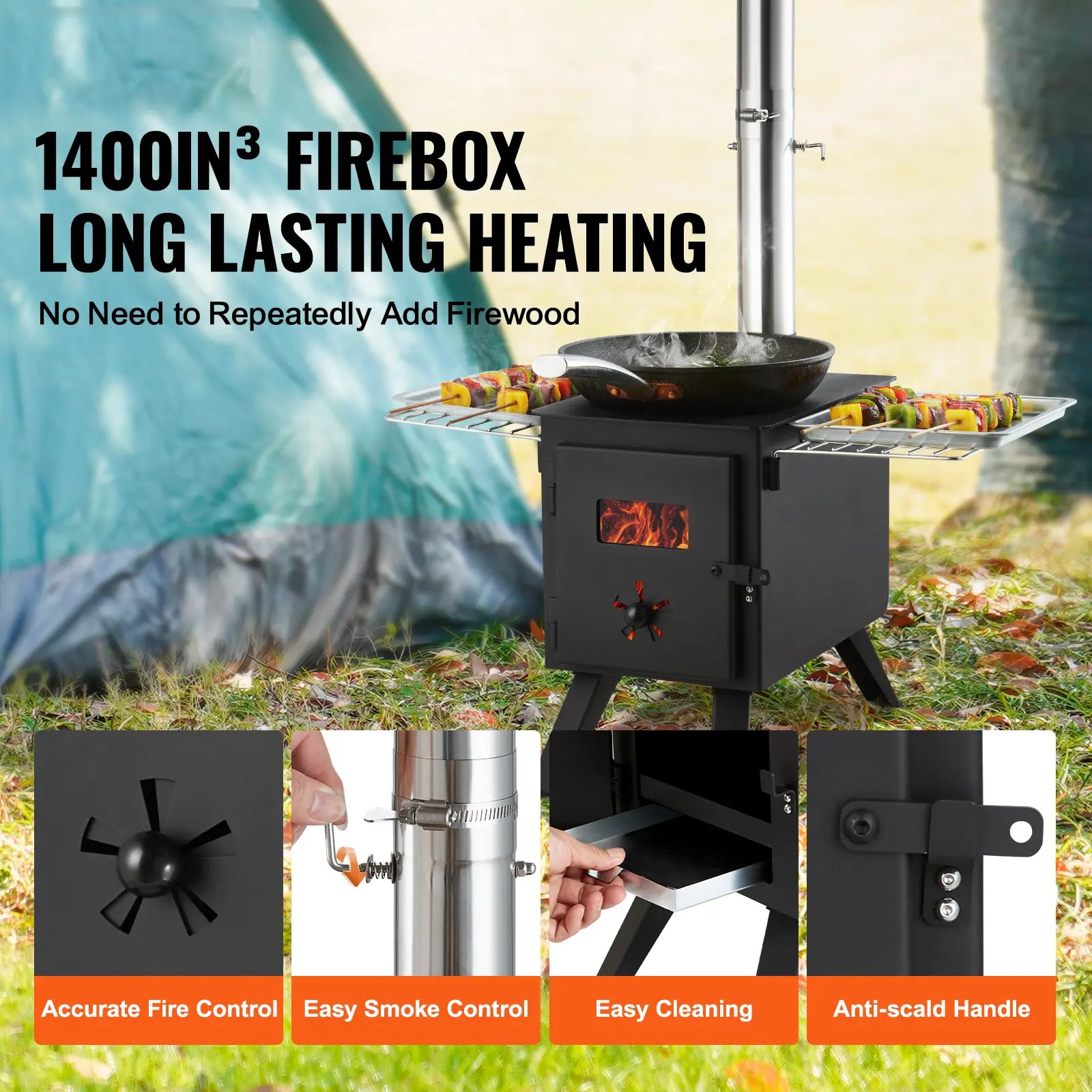 SucceBuy Wood Stove 86in Alloy Steel Camping Tent Stove Portable Wood Burning Stove with Chimney Pipes & Gloves 1400in³Firebox