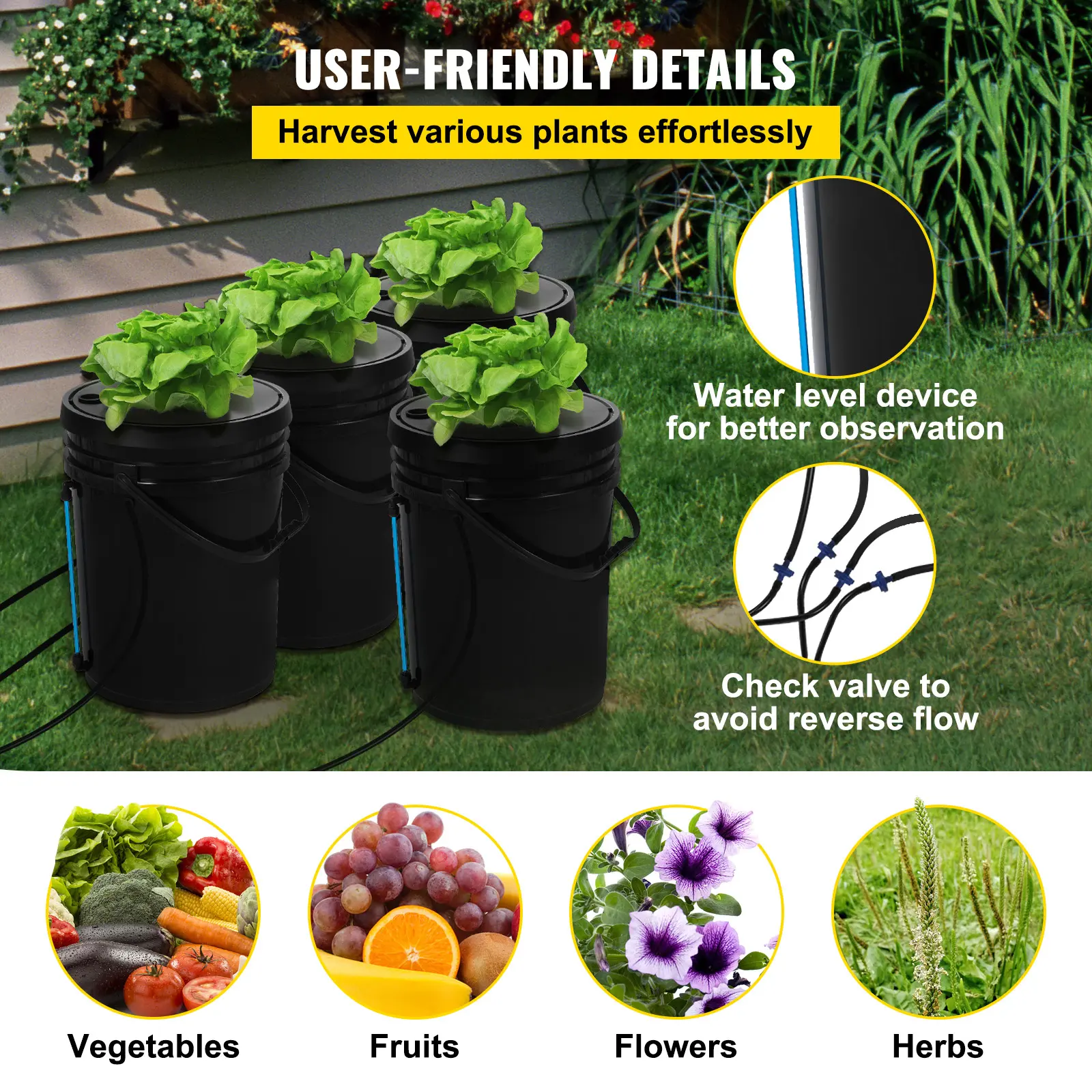 SucceBuy Hydroponics Deep Water Culture DWC Hydroponic System 5 Gallon 4 / 5 / 8 Buckets Hydroponic Systems, Parts & Accessories