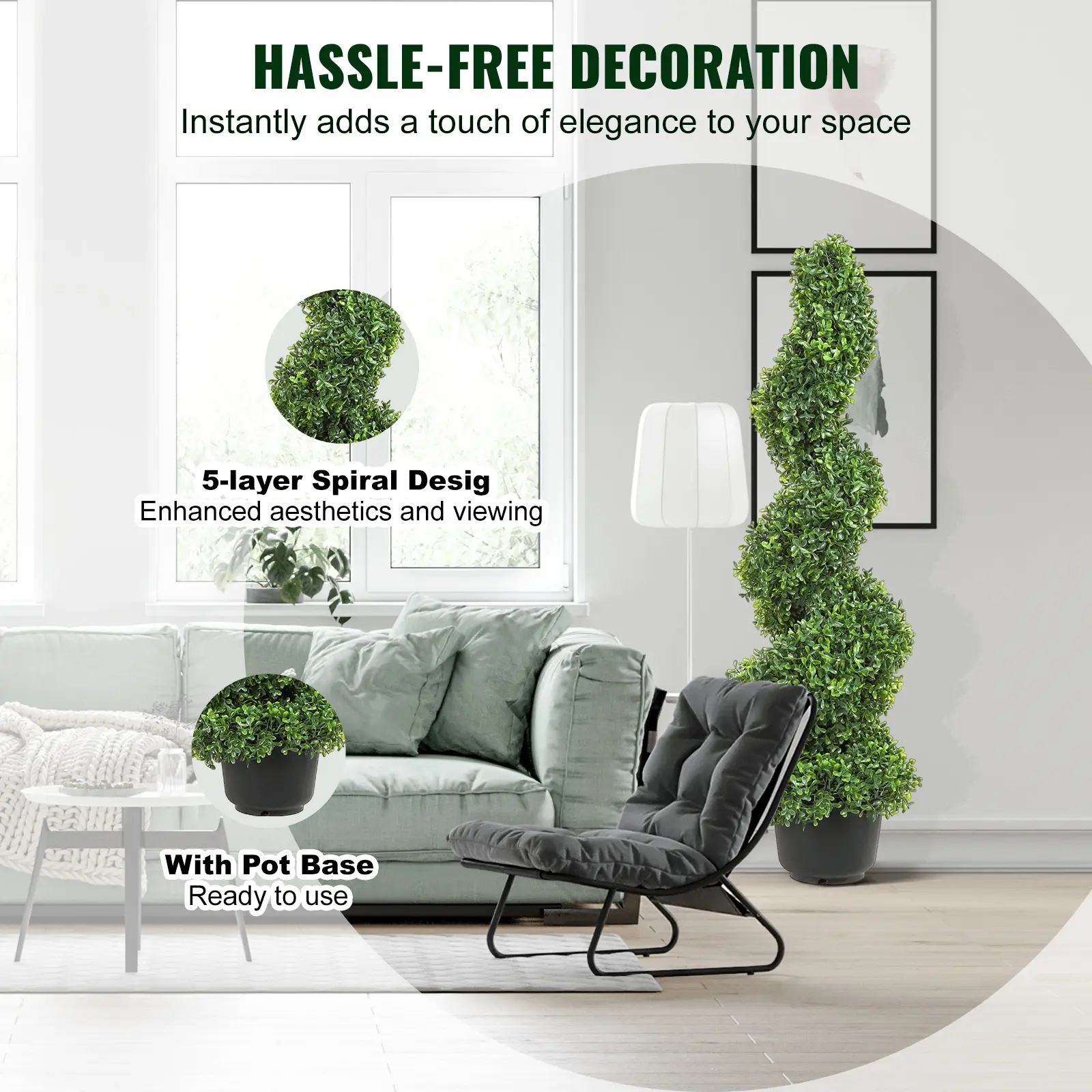 SucceBuy 1/2pcs Artificial Boxwood Tower Topiary Spiral Artificial Plant 24/36/48in high Decorative Plants Green Plastic PE Tree