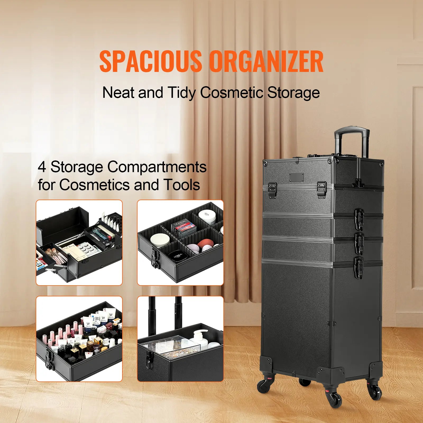 SucceBuy Professional Makeup Train Case Aluminum Cosmetic Case Workbench With Supporting Legs Rolling Makeup Case Extra Large