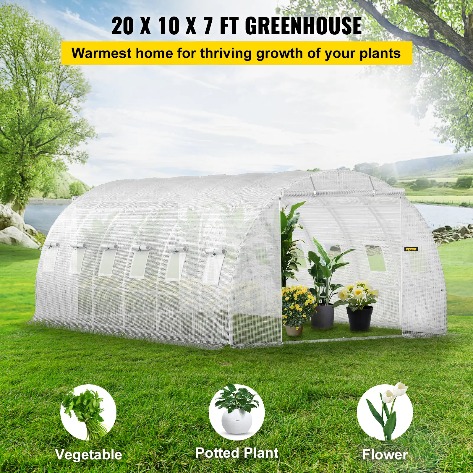 SucceBuy 20x10x7 ft Walk-in Tunnel Greenhouse Portable 3 Top Beams Diagonal Poles 2 Zippered Doors & 12 Roll-up Windows White