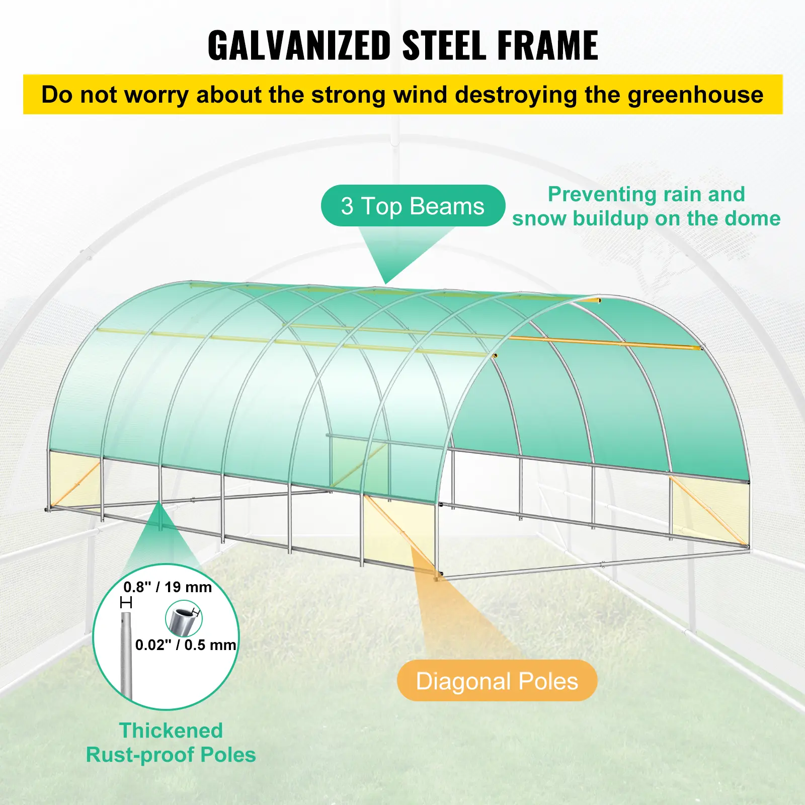 SucceBuy 20x10x7 ft Walk-in Tunnel Greenhouse Portable 3 Top Beams Diagonal Poles 2 Zippered Doors & 12 Roll-up Windows White