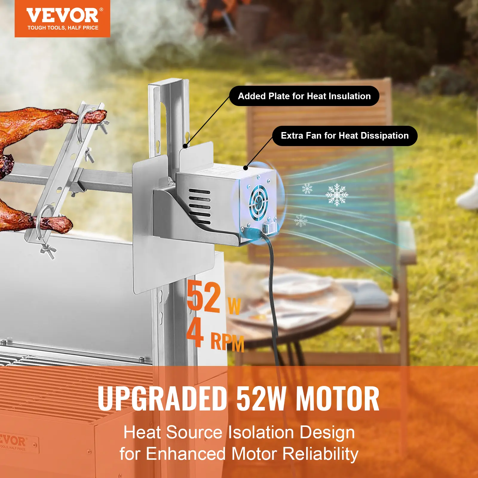 VEVOR 46inch Rotisserie Grill with Windscreen Charcoal Spit Grill 132 Lbs Capacity Stainless Steel Roaster with Lockable Wheels