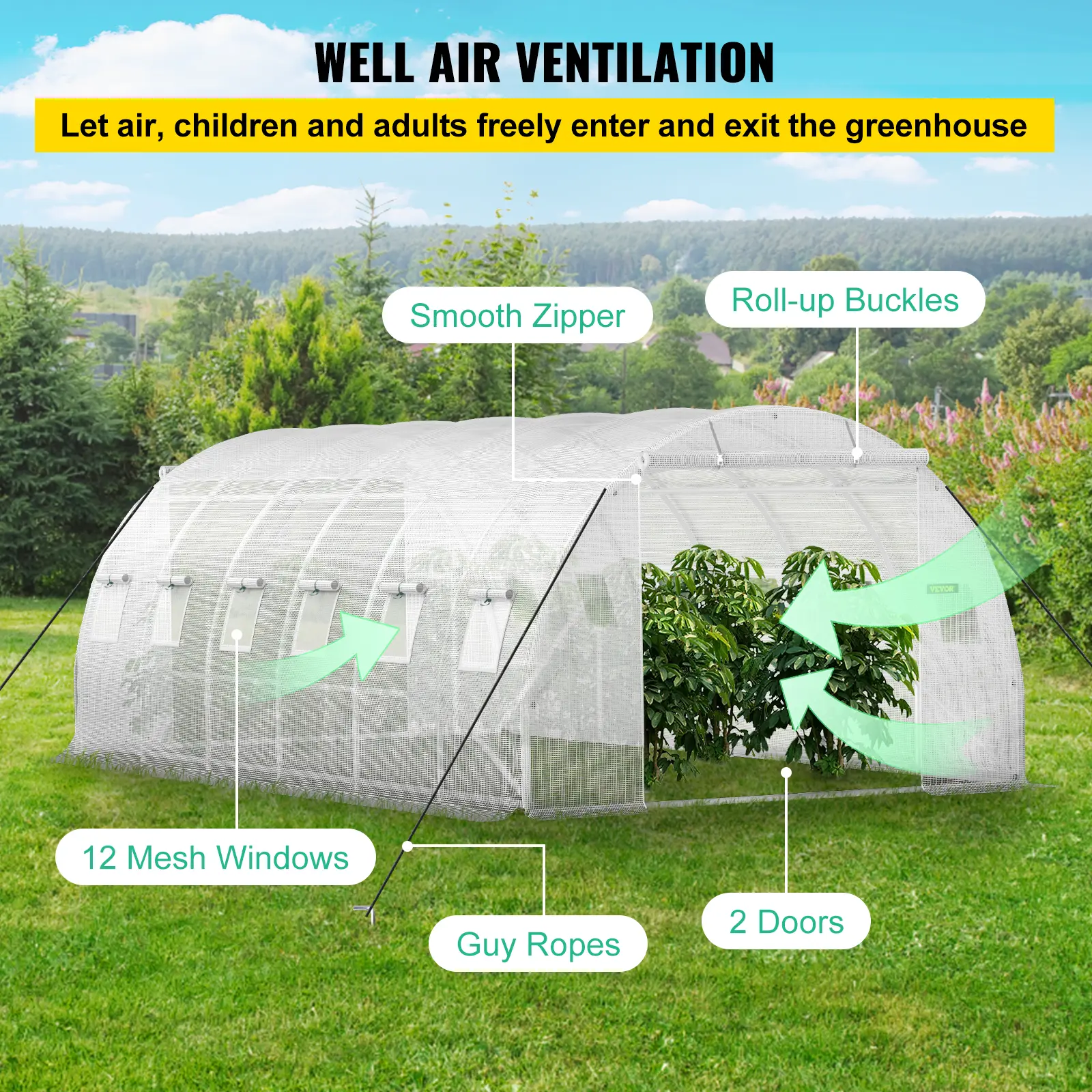 SucceBuy 20x10x7 ft Walk-in Tunnel Greenhouse Portable 3 Top Beams Diagonal Poles 2 Zippered Doors & 12 Roll-up Windows White