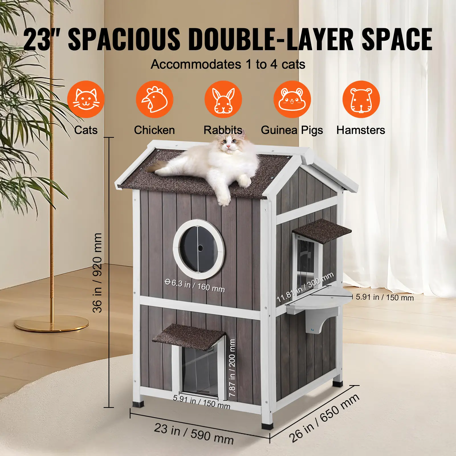 SucceBuy Outdoor Cat House Weatherproof Feral Cat Shelter for Multiple Cat Large Outdoor Wooden Cat House with Doors Window