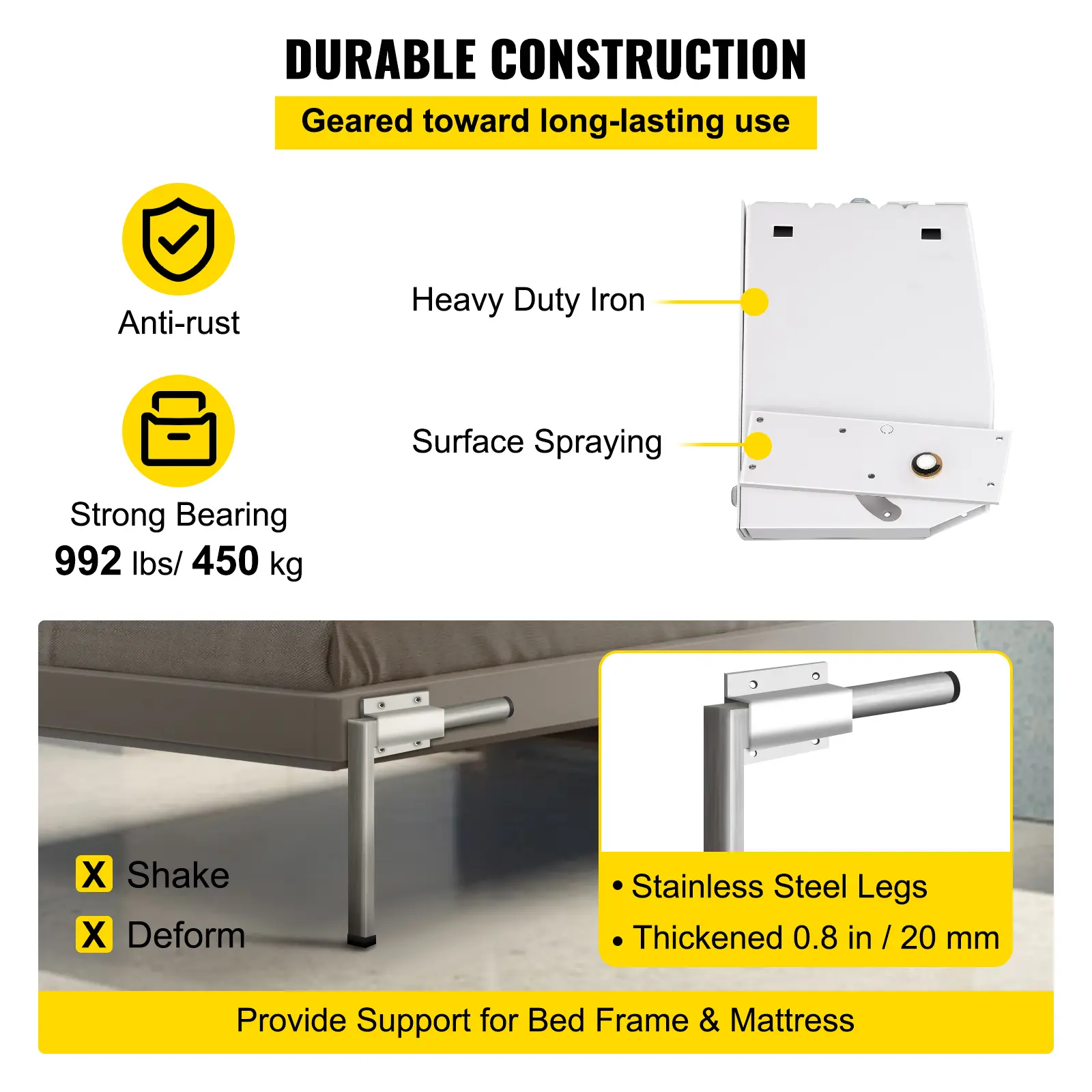 SucceBuy DIY Murphy Bed Hardware Kit Vertical Mounting Wall Bed Spring Mechanism Heavy Duty King Queen Bed Support Hardware DIY