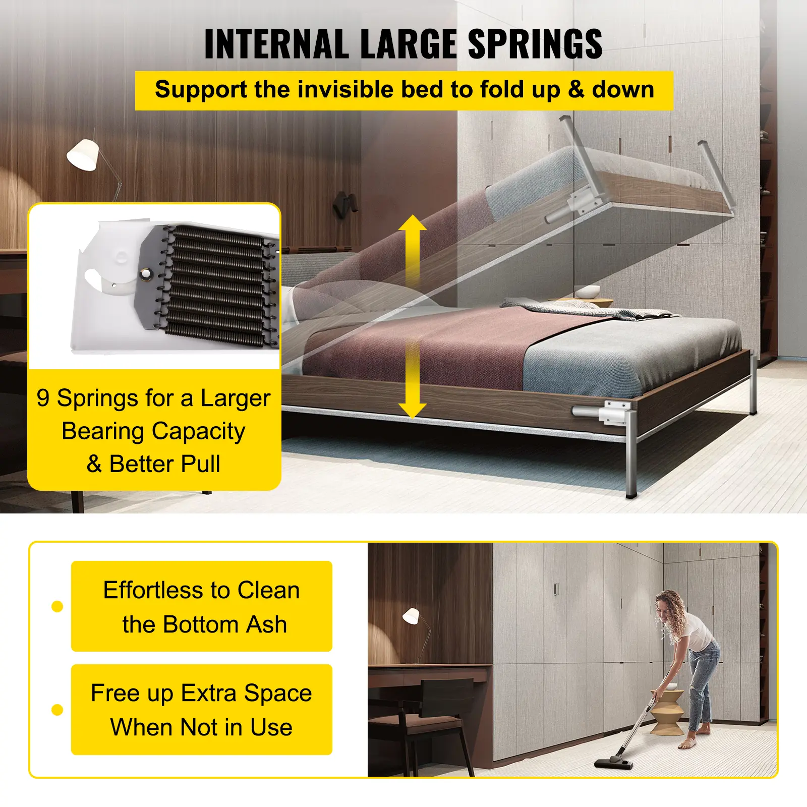 SucceBuy DIY Murphy Bed Hardware Kit Vertical Mounting Wall Bed Spring Mechanism Heavy Duty King Queen Bed Support Hardware DIY