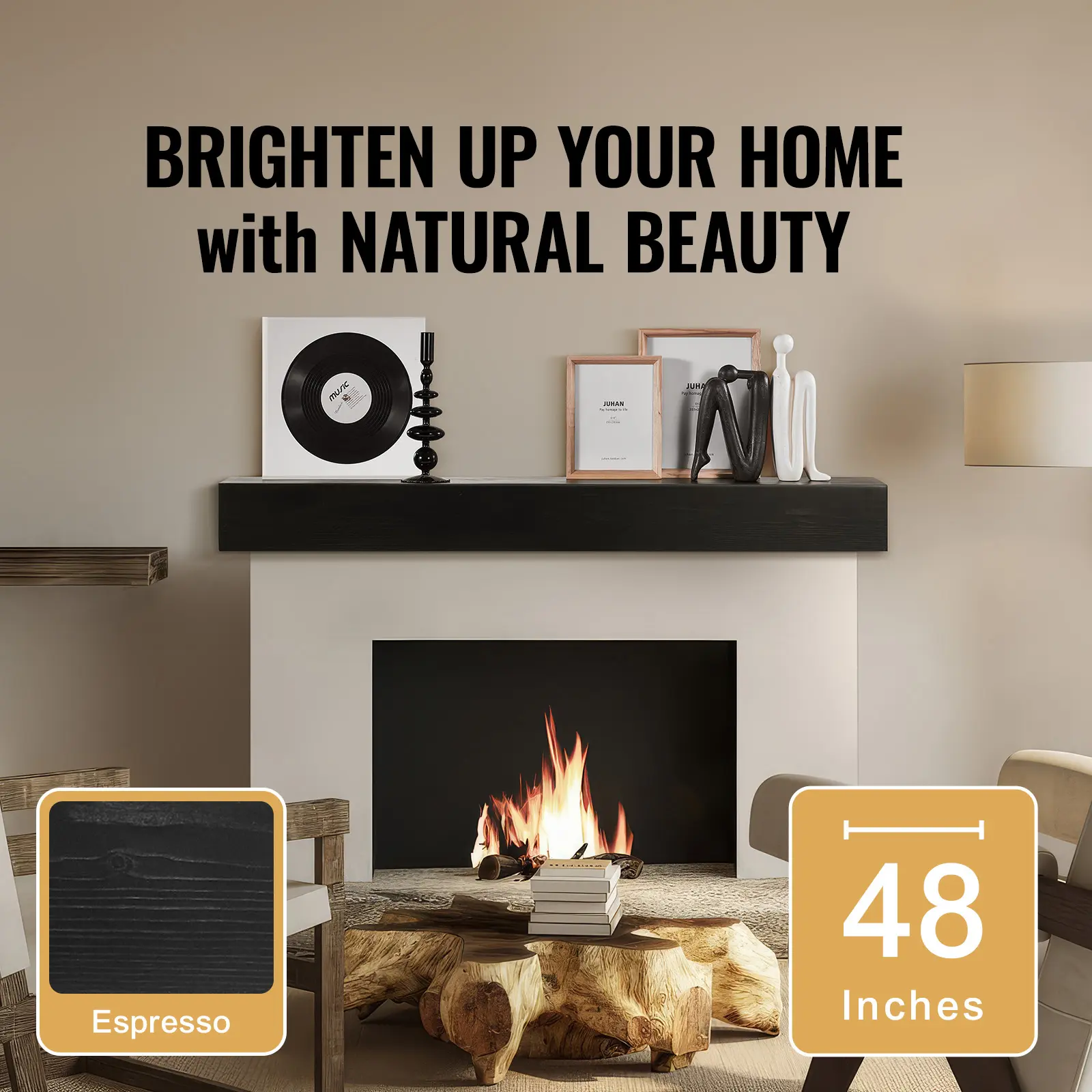 SucceBuy Fireplace Mantel 48 x 8 x 5" 50 lbs Natural Wood for Over Fireplace Wall Handcrafted Fireplace for Wall Decor Espresso