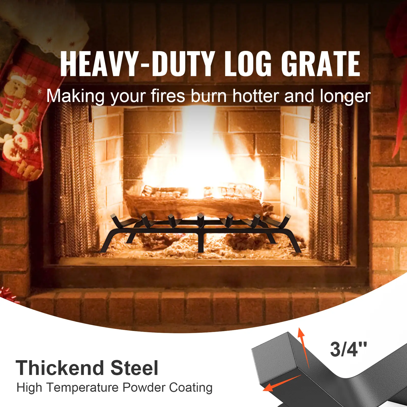 SucceBuy Fireplace Log Grate Fireplace Grate with 6 Legs 3/4’’ Solid Powder-coated Steel Bars Log Firewood Burning Rack Holder