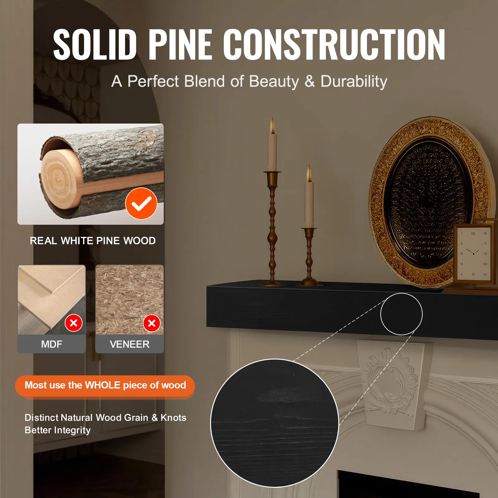 SucceBuy Fireplace Mantel 48 x 8 x 5" 50 lbs Natural Wood for Over Fireplace Wall Handcrafted Fireplace for Wall Decor Espresso