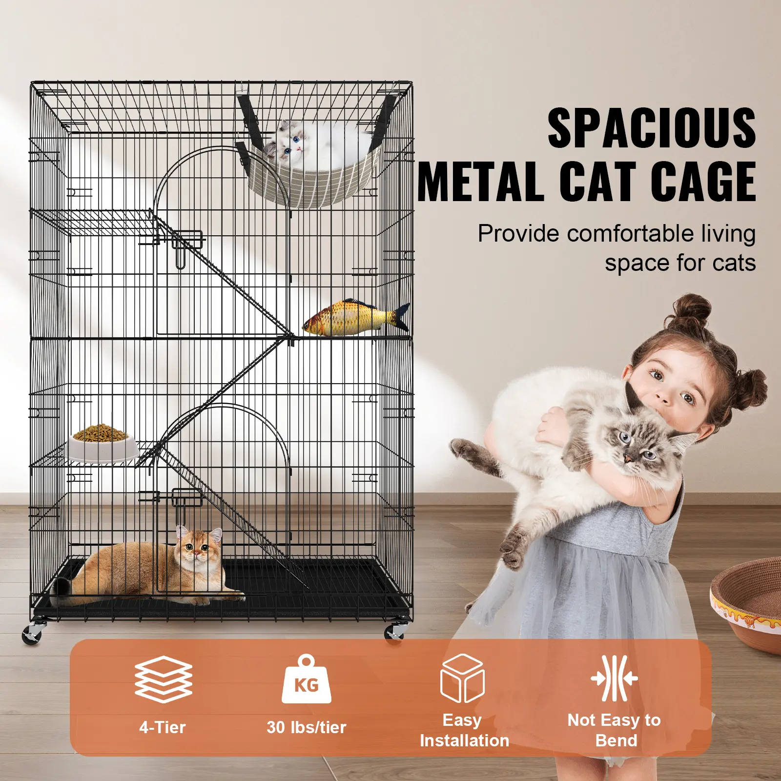 SucceBuy 4 Tier Large Cat Playpen 30lbs/Layer Cat Fence Cage Exercise Place Crate Metal Wire Kennel Indoor Rabbit House for Pet