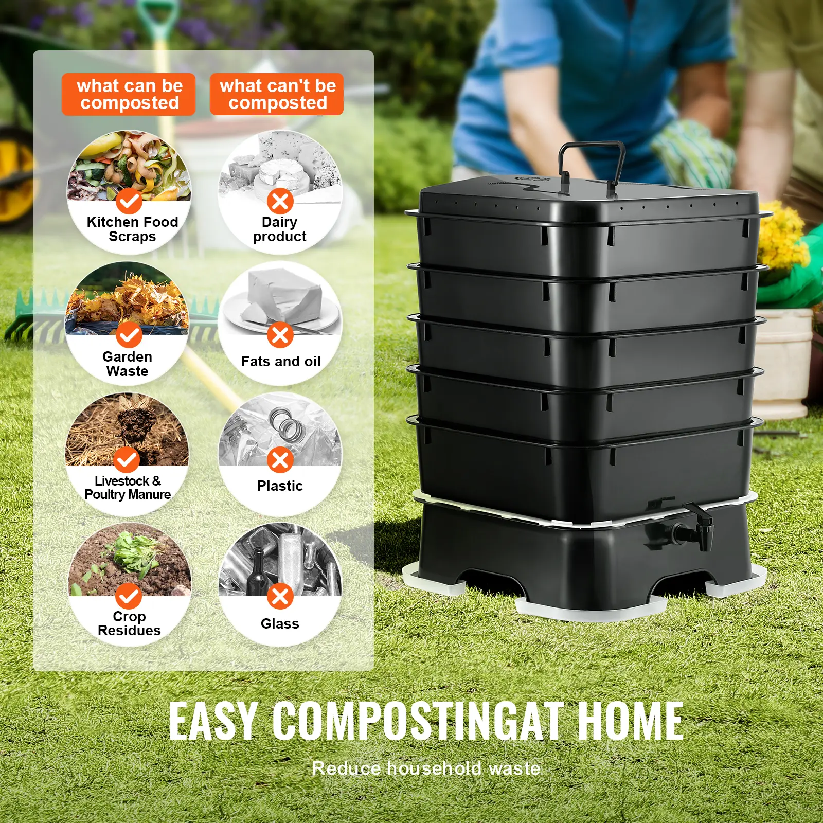 SucceBuy 5-Tray Worm Composter Compost Bin Outdoor And Indoor Sustainable Design Worm Farm Kit For Recycling Food Waste 5 PCS