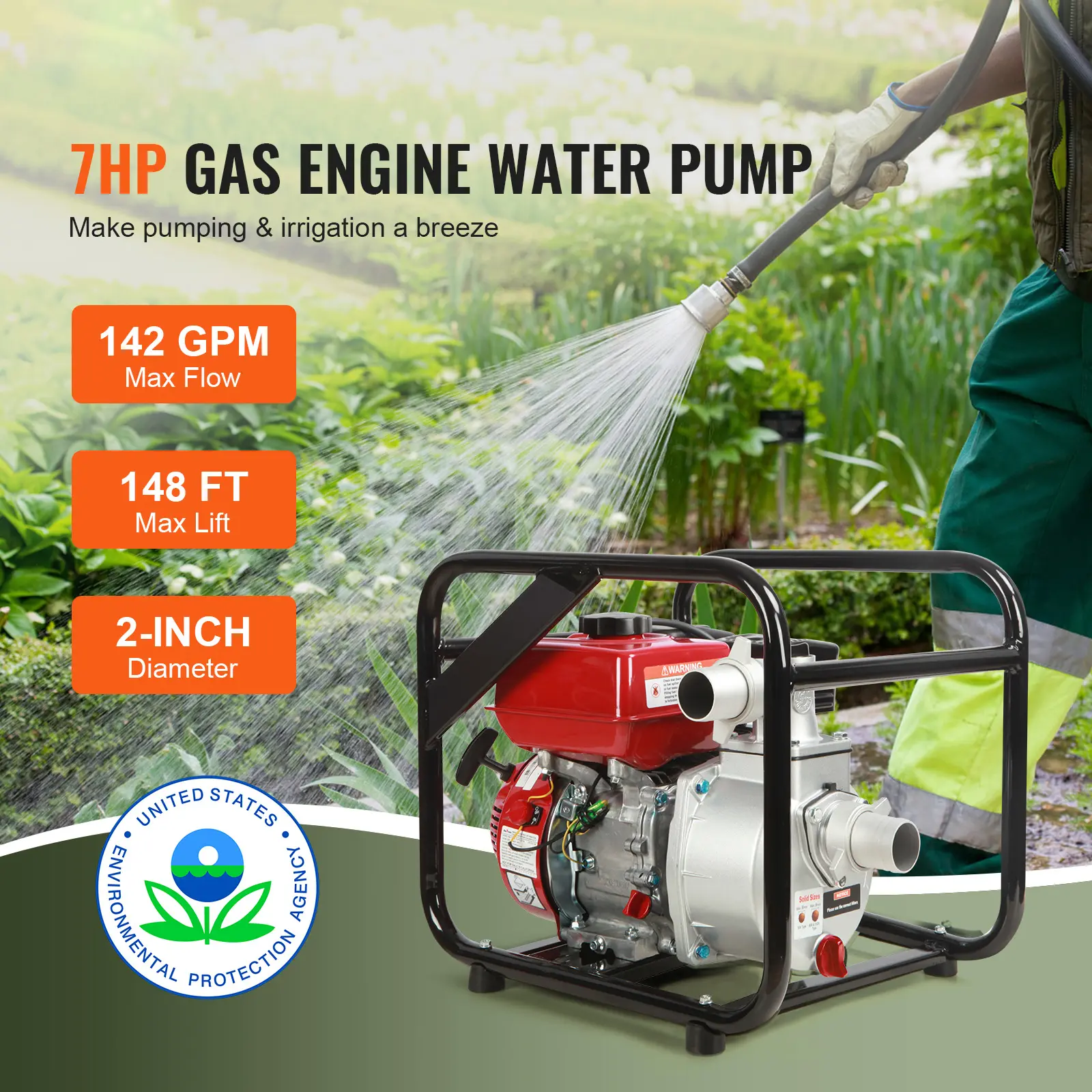 SucceBuy Gasoline Engine Water Pump 7HP 142/265 GPM 22ft Suction 4-Stroke Gas Powered Trash Water Transfer Pump Irrigation Use