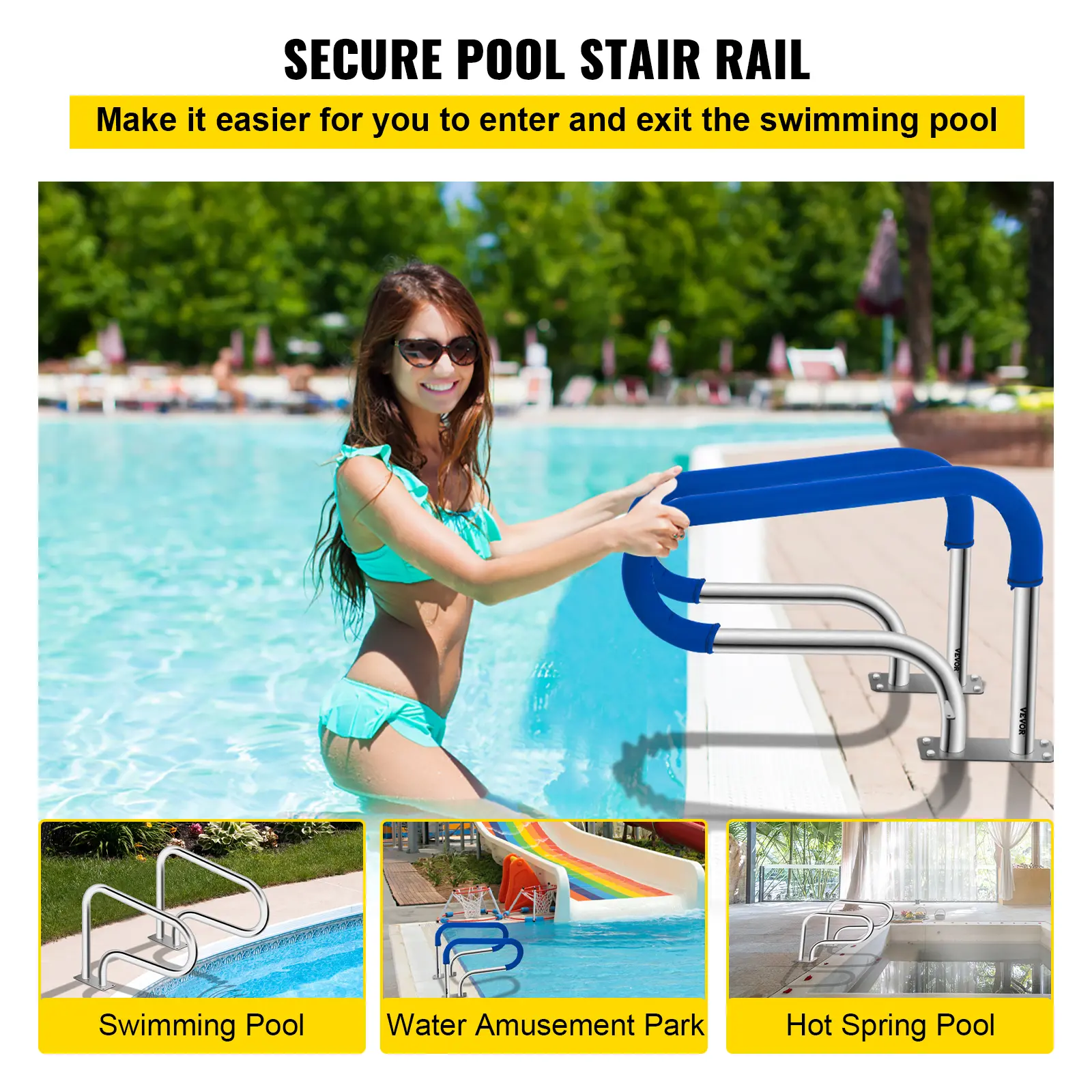 VEVOR 32 x 22.5 Swimming Pool Stair Rail w/ Mount Base Plate & Complete Mounting Accessories for Yard, Garden & Outdoor Living