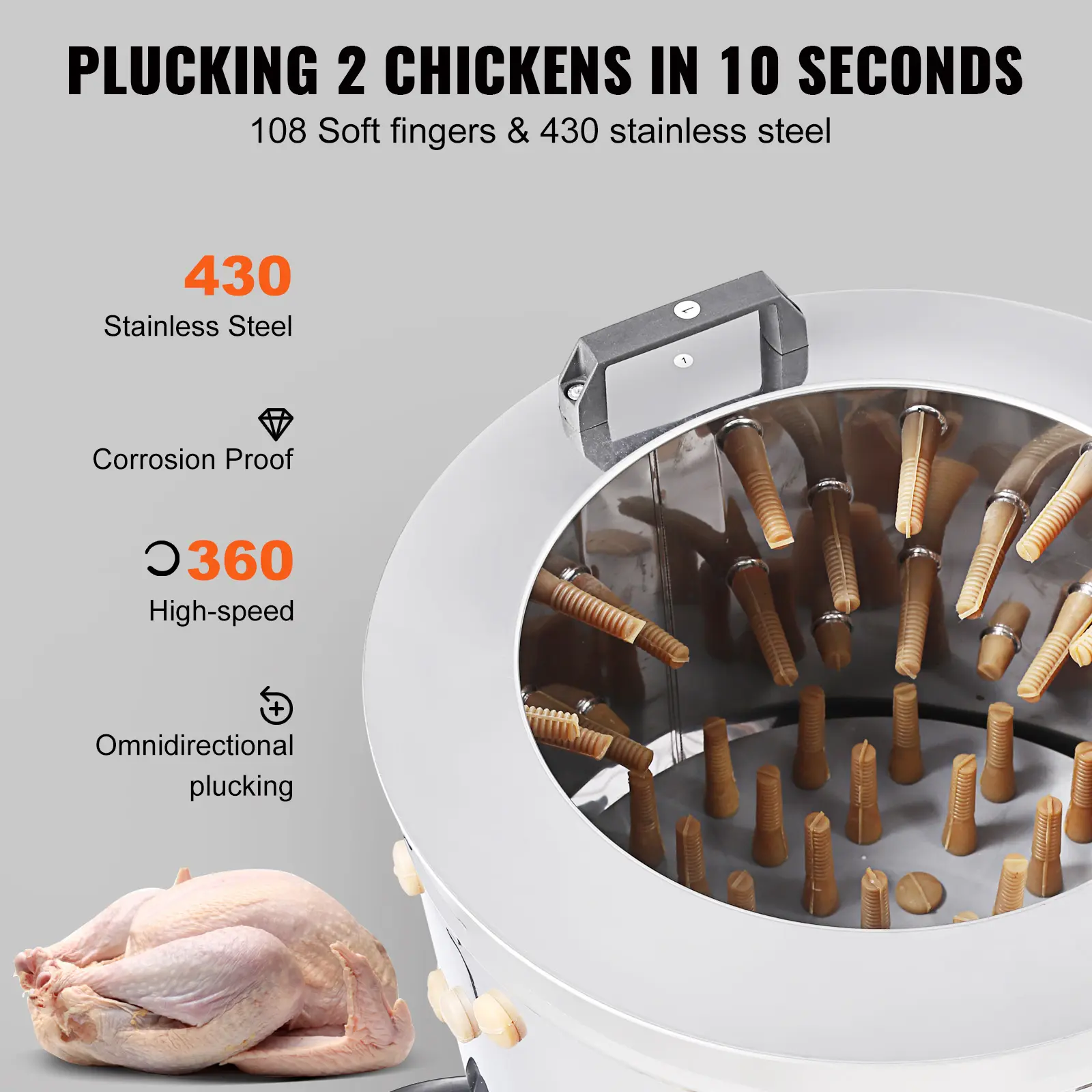 SucceBuy Chicken Plucker Machine 20inch Diameter Stainless Steel Drum 108 Soft Fingers 500W Poultry Plucking Debris Collection