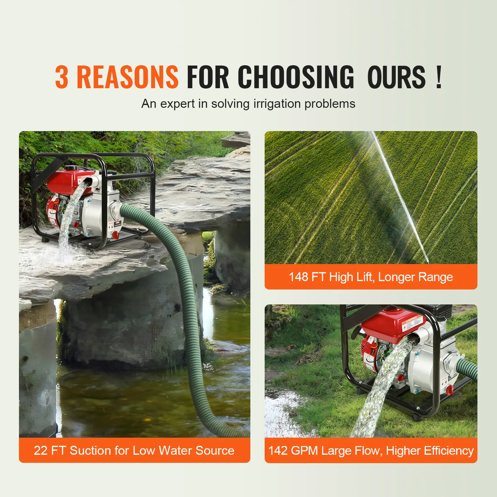 SucceBuy Gasoline Engine Water Pump 7HP 142/265 GPM 22ft Suction 4-Stroke Gas Powered Trash Water Transfer Pump Irrigation Use