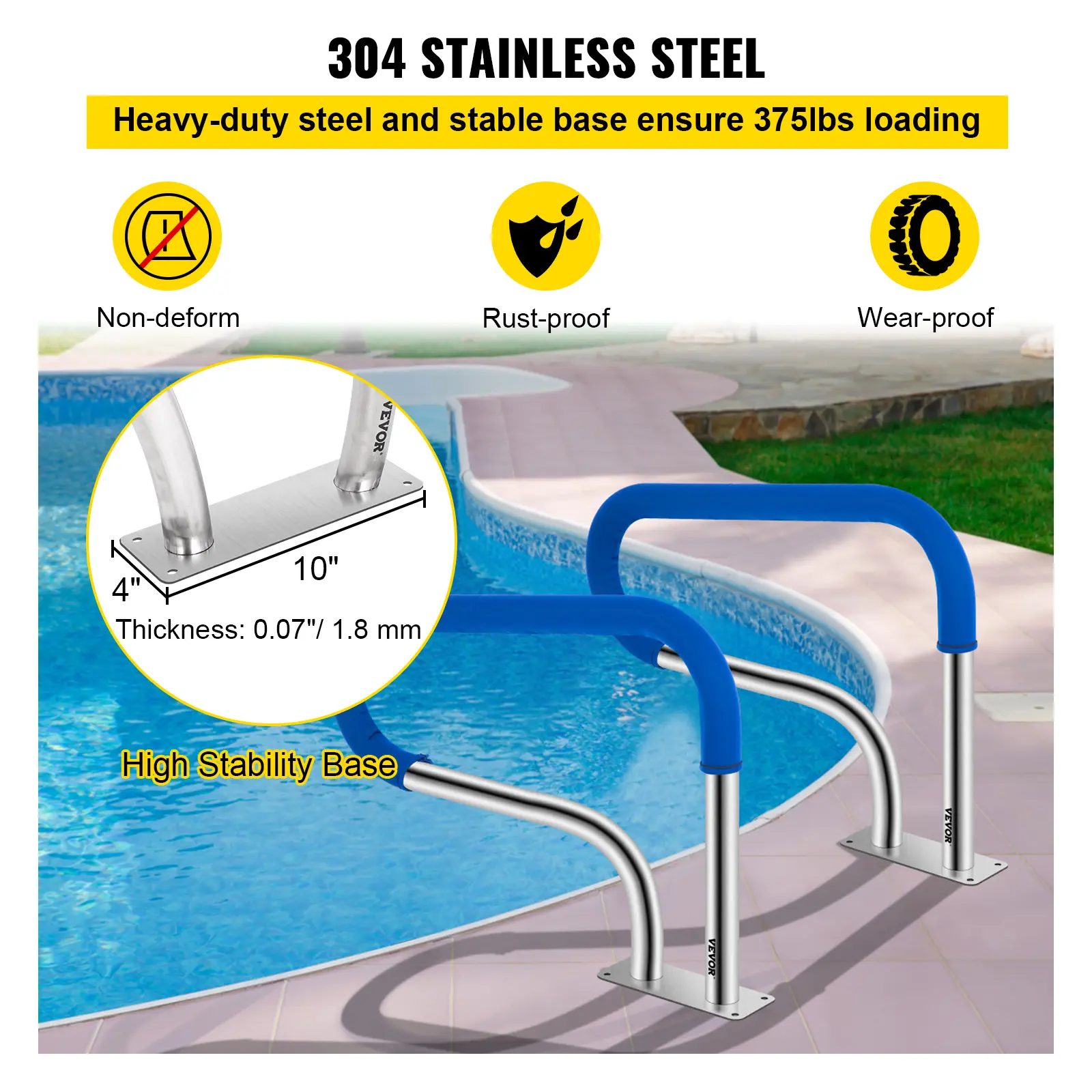 VEVOR 32 x 22.5 Swimming Pool Stair Rail w/ Mount Base Plate & Complete Mounting Accessories for Yard, Garden & Outdoor Living
