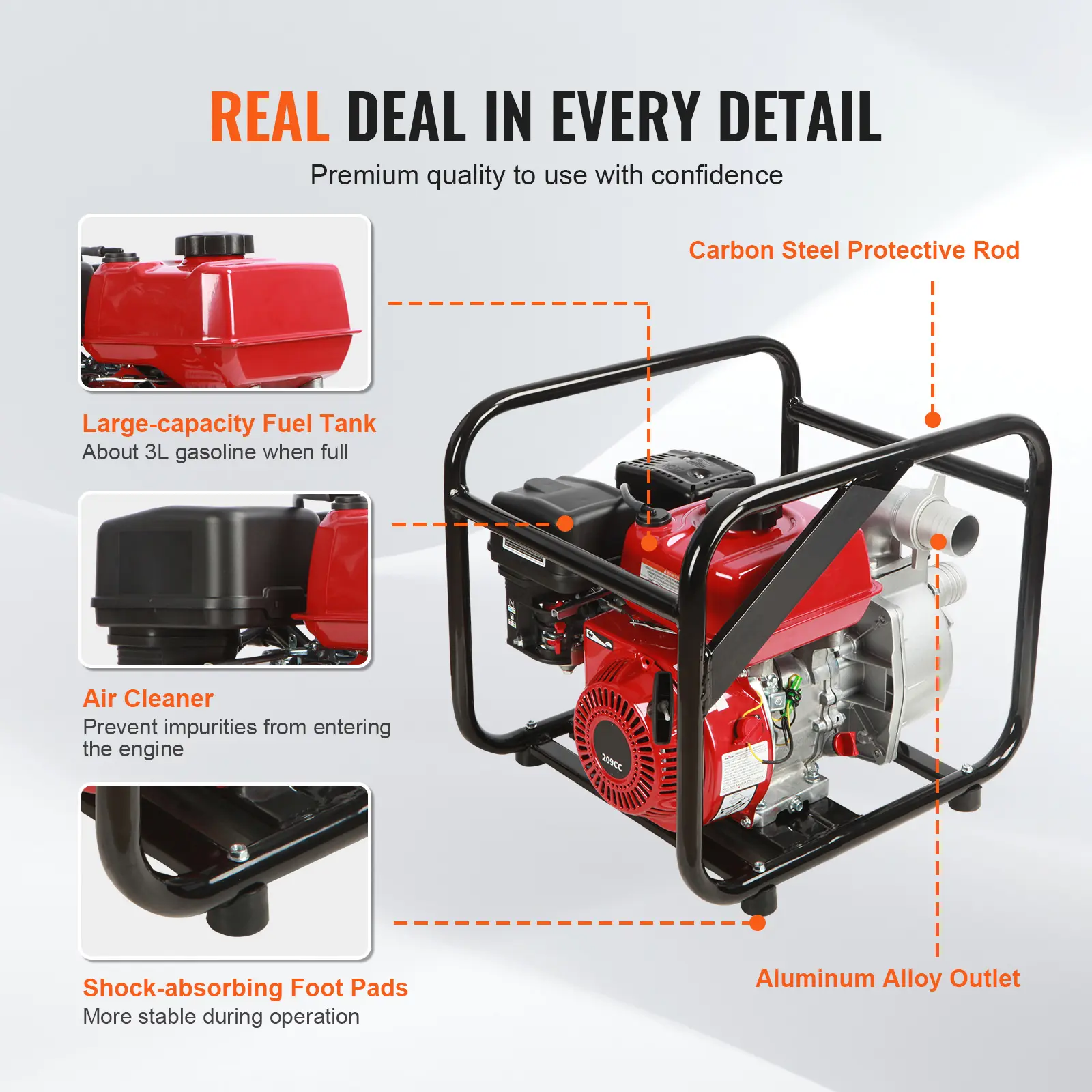 SucceBuy Gasoline Engine Water Pump 7HP 142/265 GPM 22ft Suction 4-Stroke Gas Powered Trash Water Transfer Pump Irrigation Use