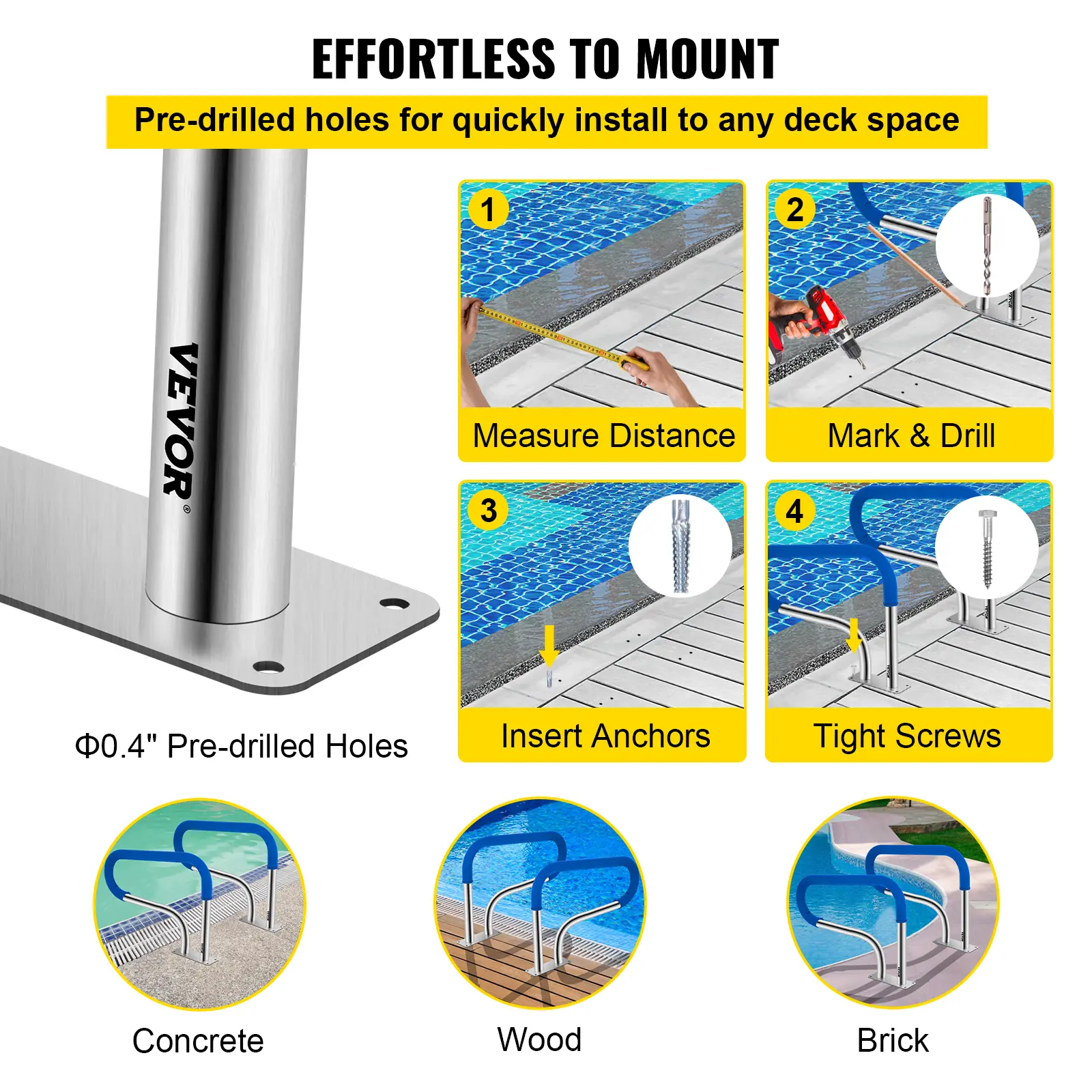 VEVOR 32 x 22.5 Swimming Pool Stair Rail w/ Mount Base Plate & Complete Mounting Accessories for Yard, Garden & Outdoor Living