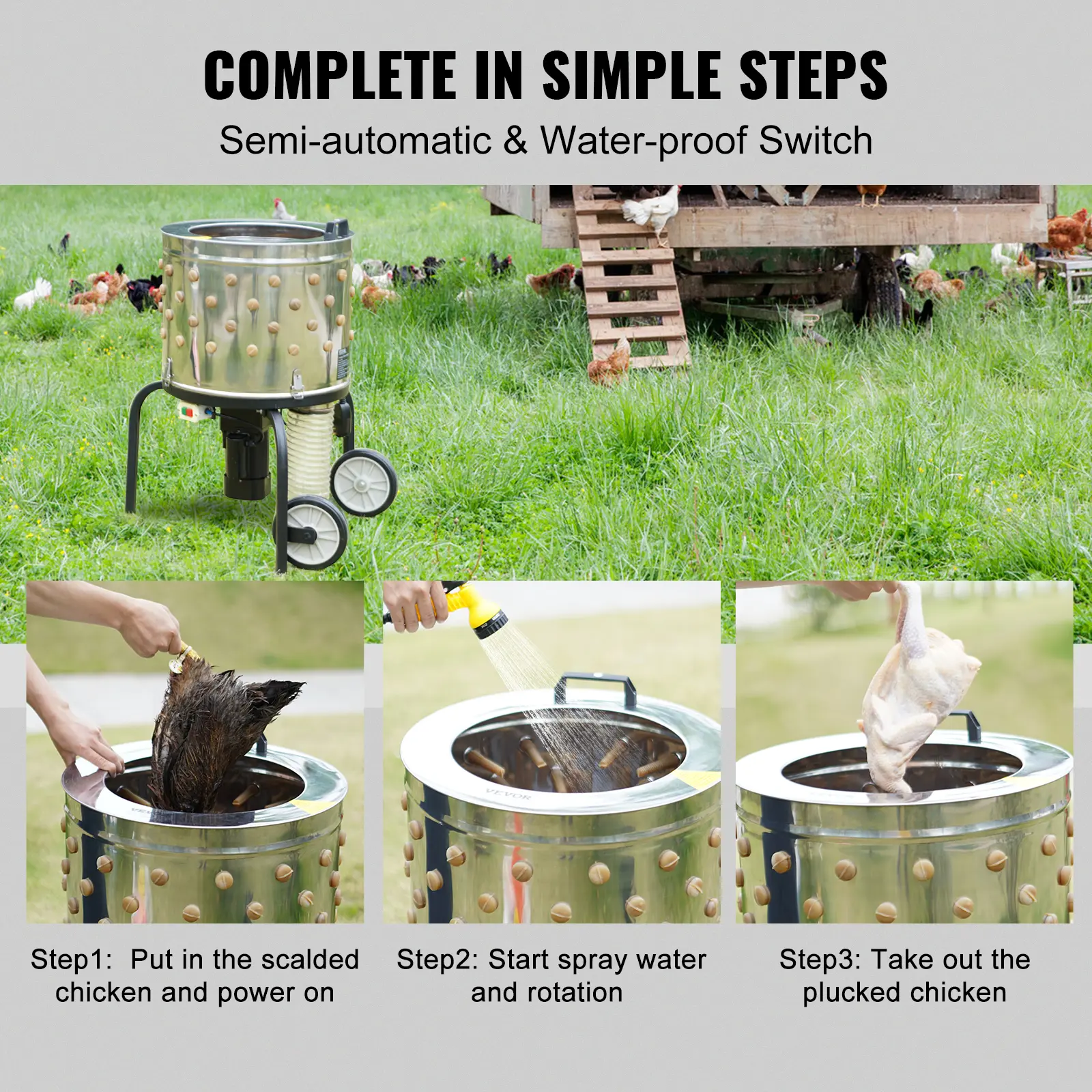 SucceBuy Chicken Plucker Machine 20inch Diameter Stainless Steel Drum 108 Soft Fingers 500W Poultry Plucking Debris Collection