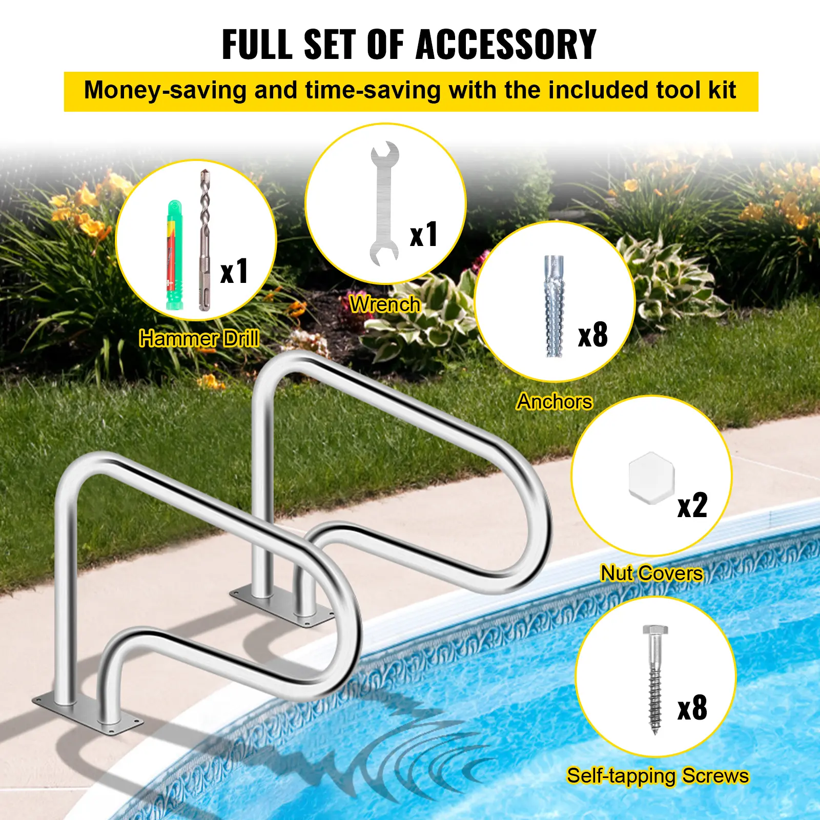 VEVOR 32 x 22.5 Swimming Pool Stair Rail w/ Mount Base Plate & Complete Mounting Accessories for Yard, Garden & Outdoor Living