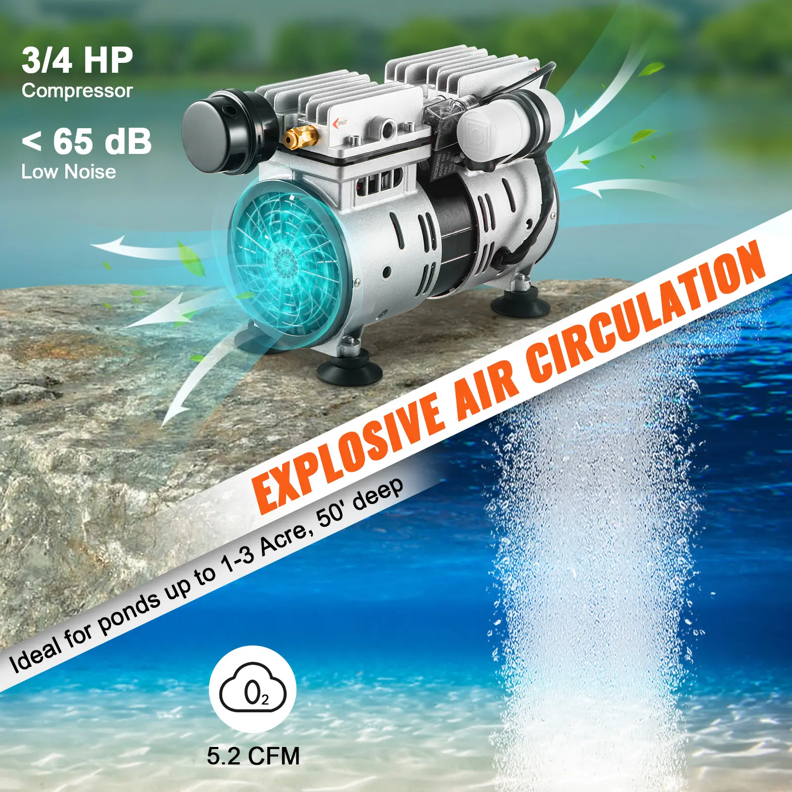 SucceBuy Pond Aerator 550W Power Up to 1 Acre 50' Lake with Weighted Tubing & Diffuser Air Compressor for Oxygen Circulation