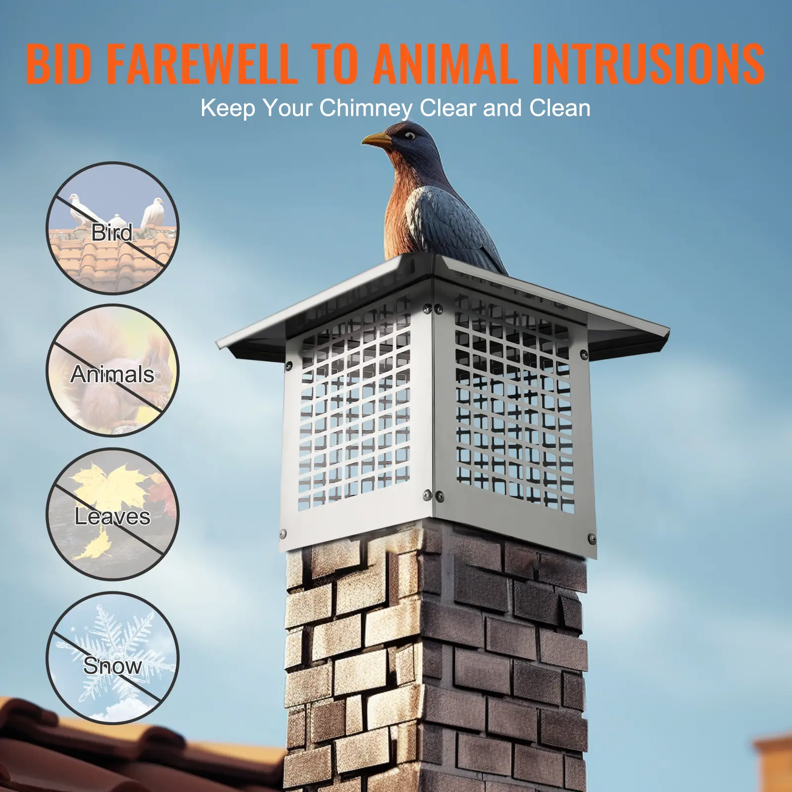 SucceBuy Chimney Cap 4 Sizes 304 Stainless Steel Fireplace Chimney Cover Not Easily Toppled Fits Mesh Flue Outside Covers Silver