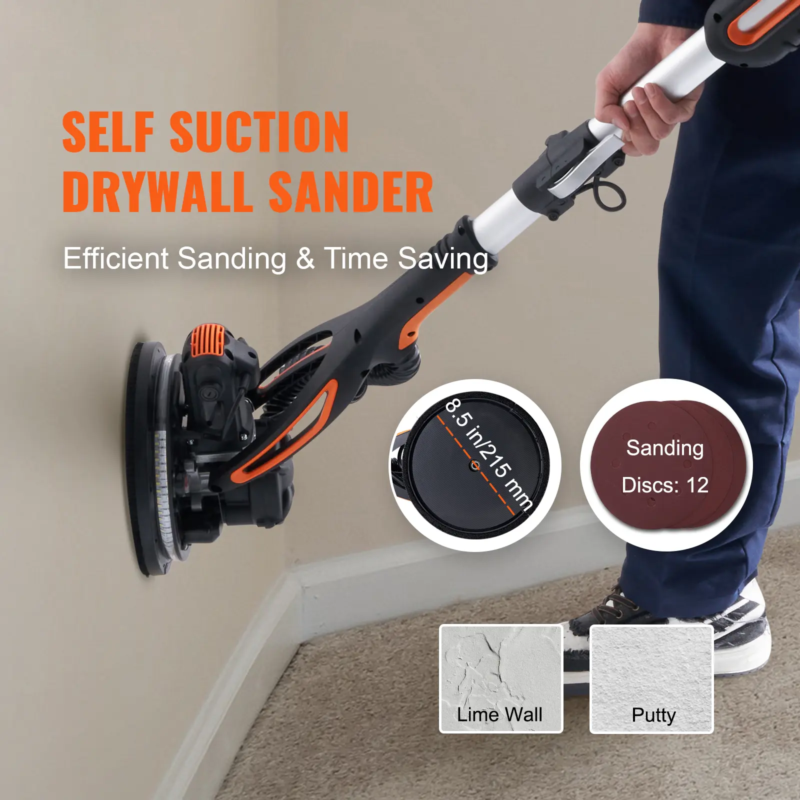 SucceBuy Drywall Sander 900W Brush Motor 800-1800RPM Variable Speed with Self-Suction Electric Household Wall Grinder Sander