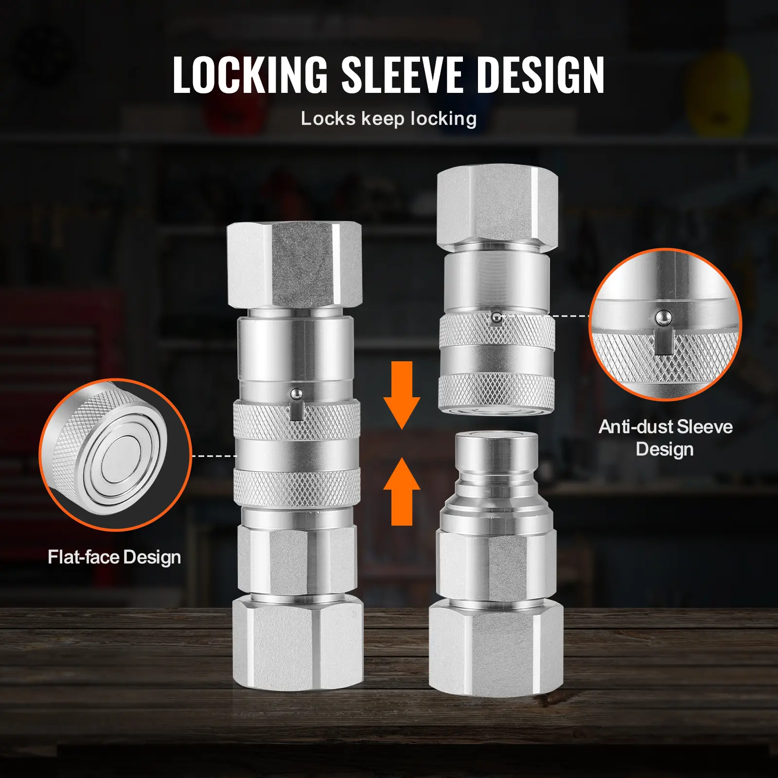 SucceBuy 1/2" Flat Face Hydraulic Couplers 1/2" NPT Skid Steer Hydraulic Quick Connect Couplers with 2 Dust Caps, Seal Dust Caps