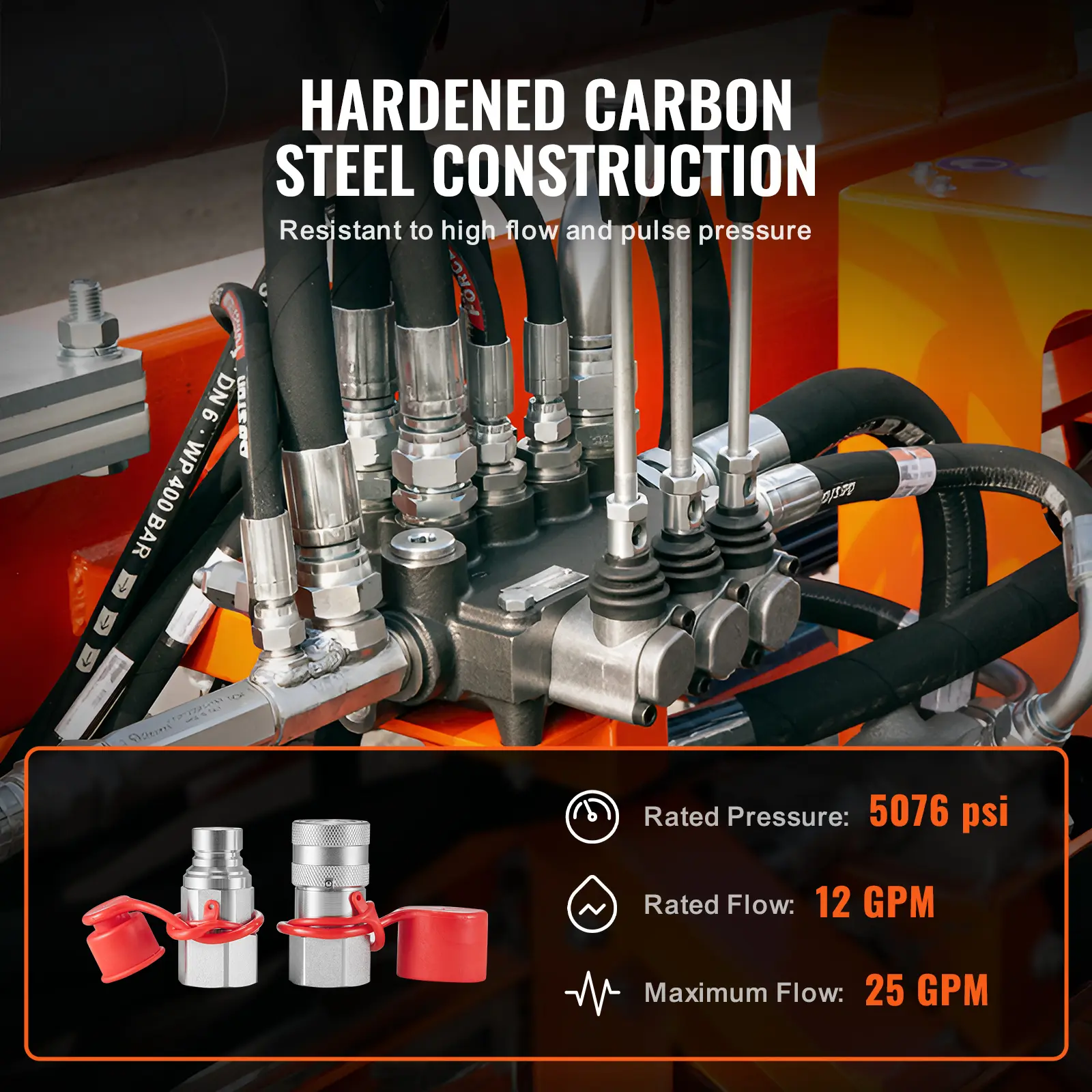 SucceBuy 1/2" Flat Face Hydraulic Couplers 1/2" NPT Skid Steer Hydraulic Quick Connect Couplers with 2 Dust Caps, Seal Dust Caps