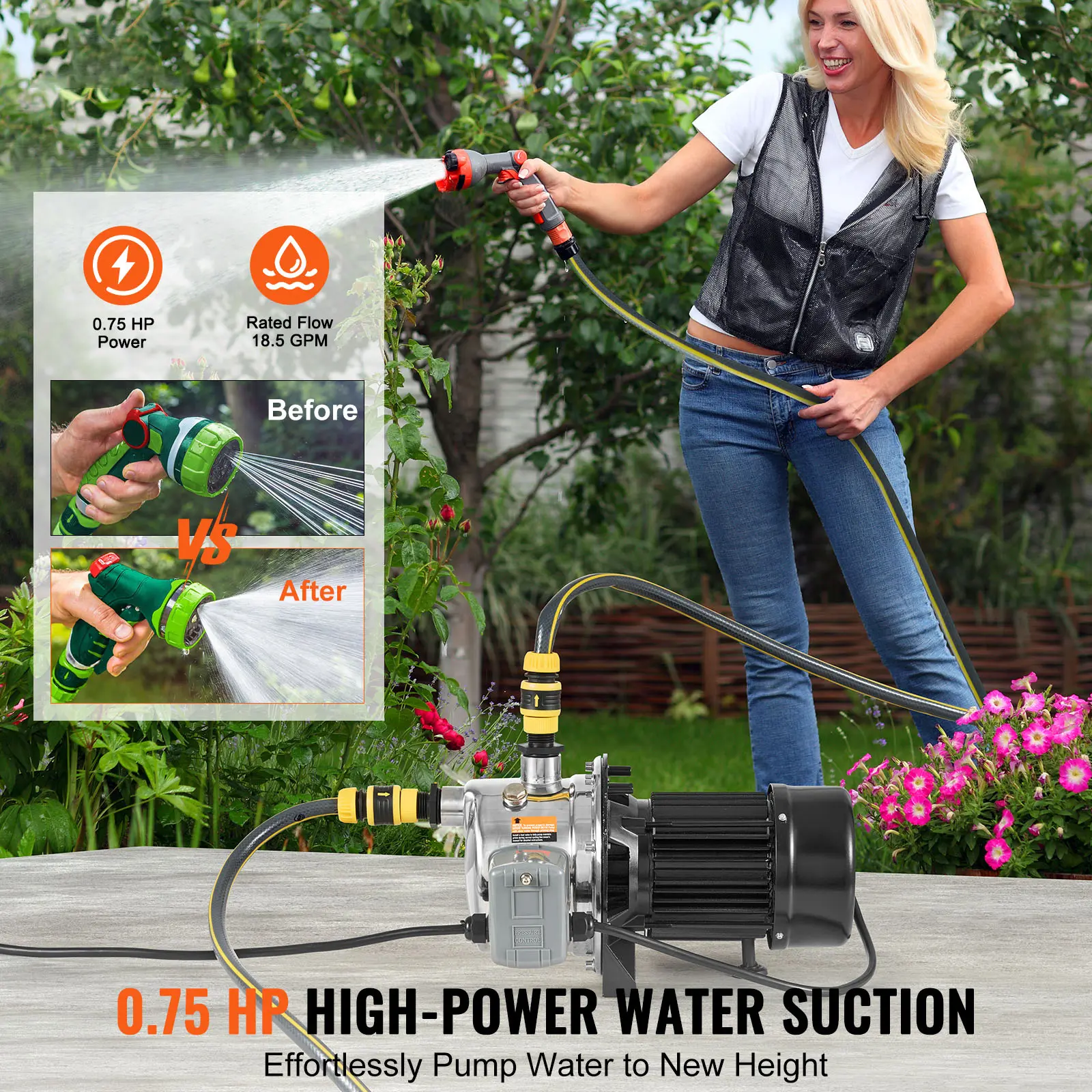SucceBuy Shallow Well Jet Pump 115 V Cast Iron / Stainless Steel Irrigation Water Pump for Agricultural Garden Irrigation System
