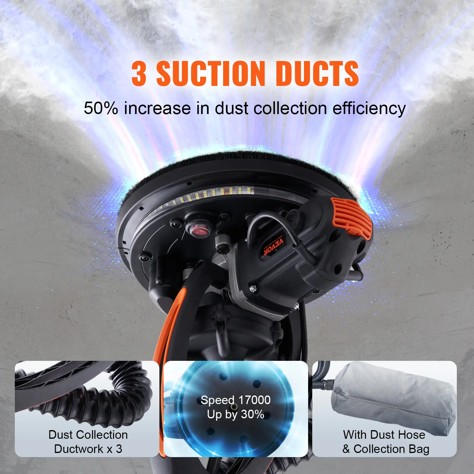SucceBuy Drywall Sander 900W Brush Motor 800-1800RPM Variable Speed with Self-Suction Electric Household Wall Grinder Sander