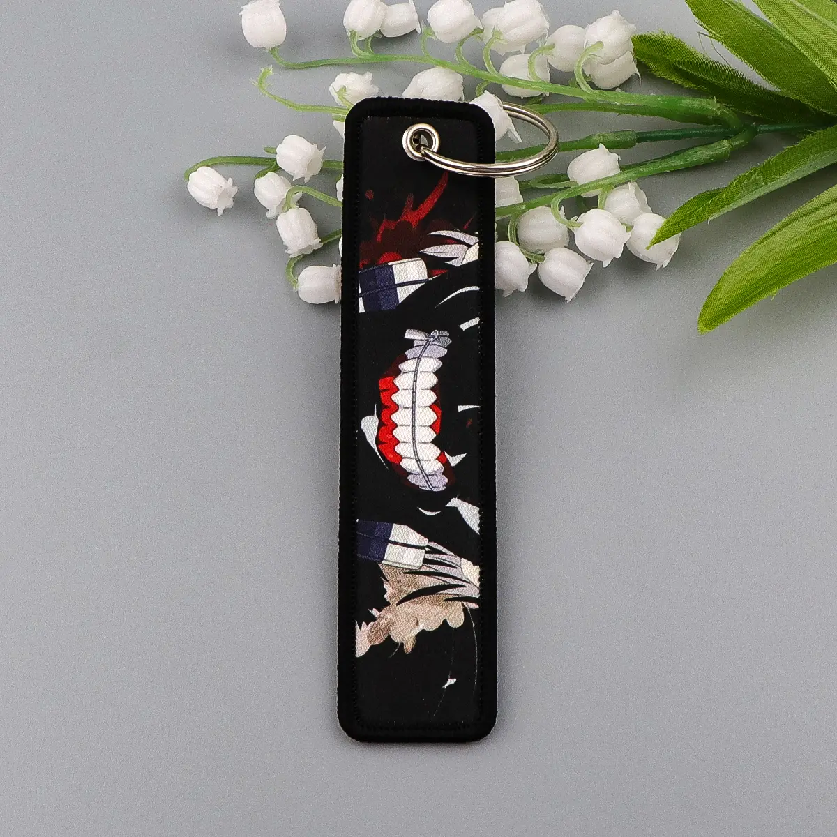 Anime Kaneki Ken Key Chain for Men Women Embroidery Key Fobs Holder Manga Key Tag Key Ring Fashion Accessories Gifts