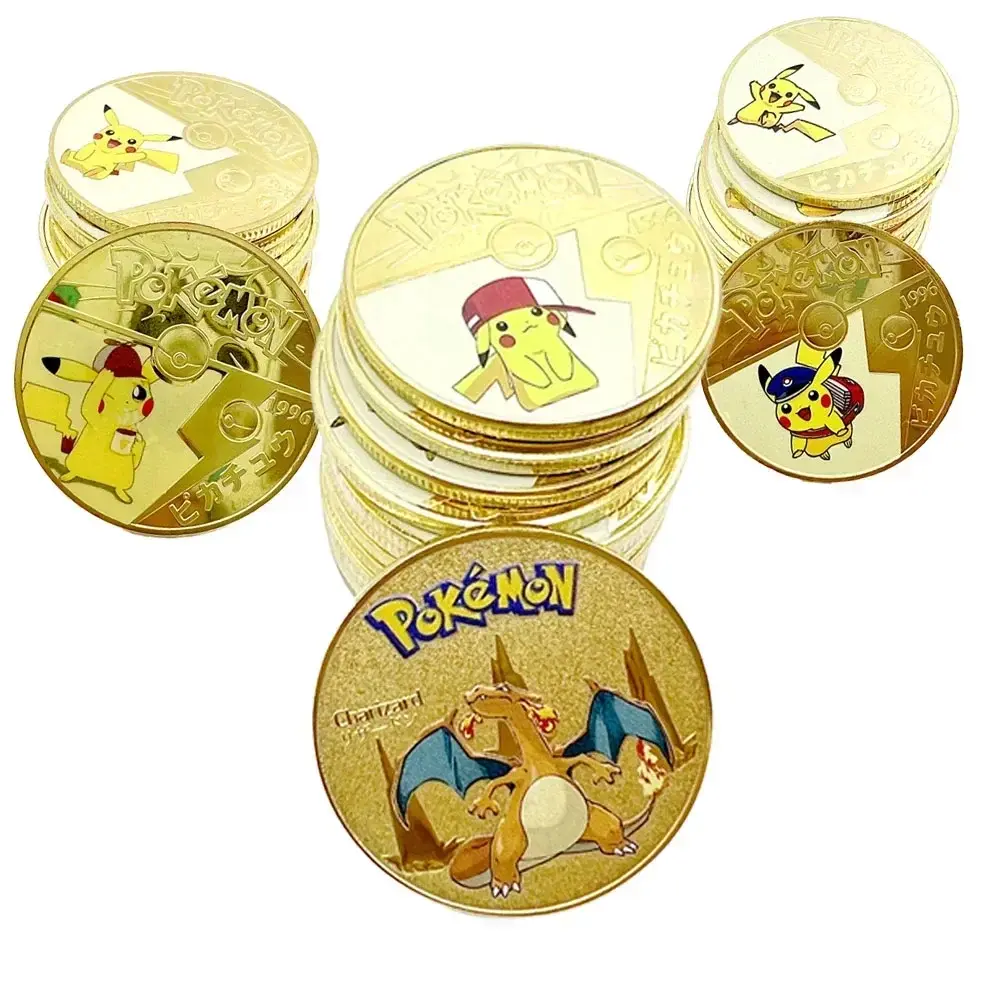 Pokemon Gold Coins Pikachu Anime Commemorative Coin Charizard Golden Round Metal Coin Toys