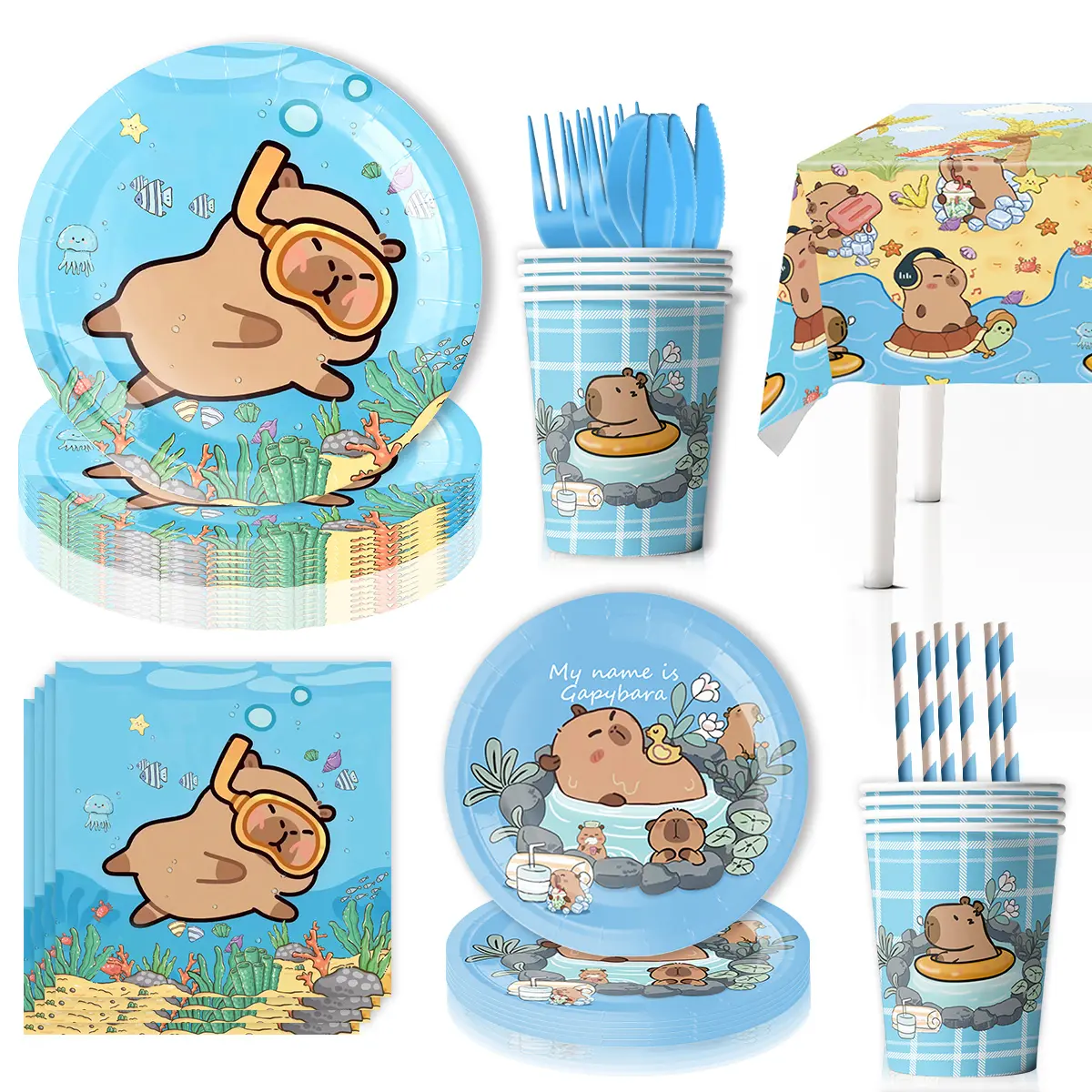 Capybara Paper Plates Cups Tablecloth Capybara Birthday Decorations Kids Party Supplies Foil Number Balloons Kit Cake Topper
